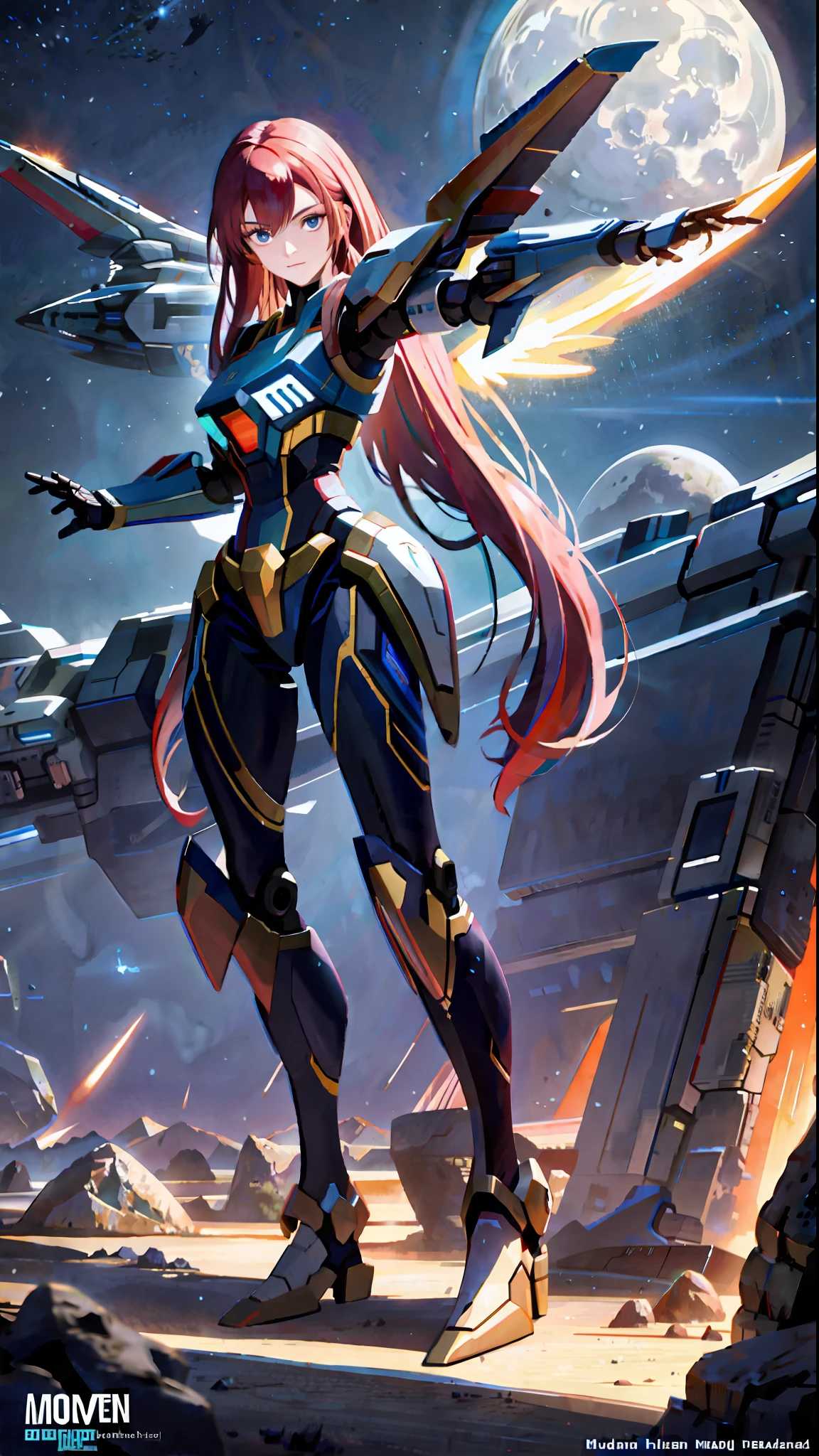 ((Masterpiece)), (Solo exhibition: 1.4), (((A beautiful woman wearing a slim mecha)))) long hair, with stylish and threatening design, full body, highly detailed, high detail background, combat, planet, hover, a giant shield, shoulder armor, mechanical tailgate, science fiction, fighter jet flying over the earth in space with the moon in the background, concept art, space art,