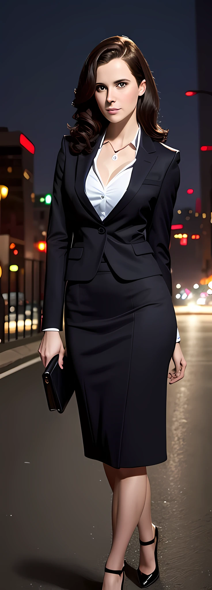 full body photographic portrait, from head to toe, sexy Lois Lane Rachel Brosnahan, furious round eyes colorful and realistic, dark and gloomy atmosphere, journalist outfit skirt and blouse with high slato shoes, awesome illustration, very sexy beauty IA woman, medium black hair, perfect mouth and lips, Godmachine style, a deep dark city atmosphere,  city night background, realistic, staring at camera, wearing a very sexy Lois Lane costume cosplay journalist