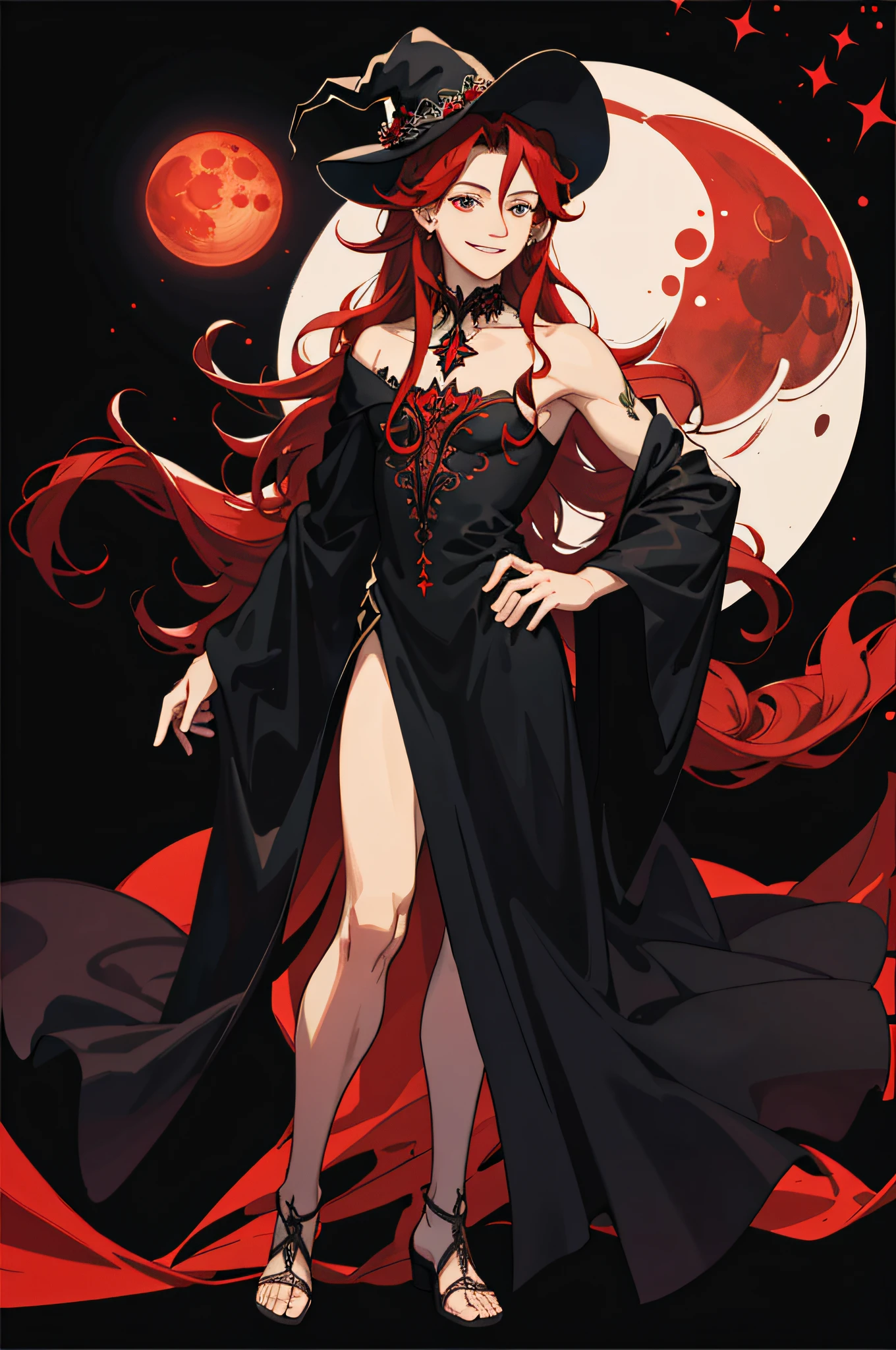 Masterpiece, best quality, 1 male, teenager, delicate eyes, long curly red hair, delicate face, intricate details, smile, gentle smile, black witch dress, wizard hat, dark night, red moon, black background, ?????, ???? shoulders, full body