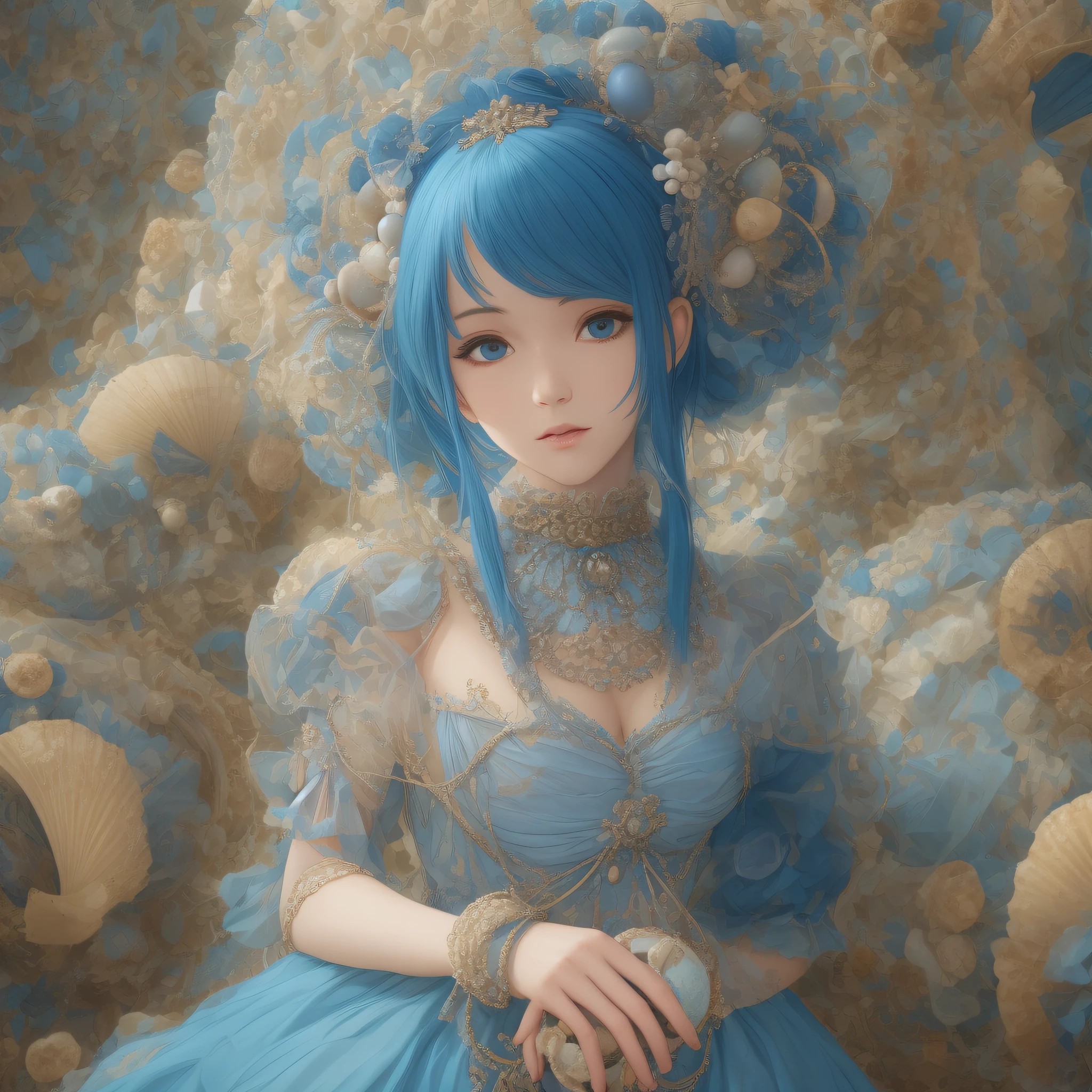 Blue-haired girl with ornate ball gown with shells --auto --s2