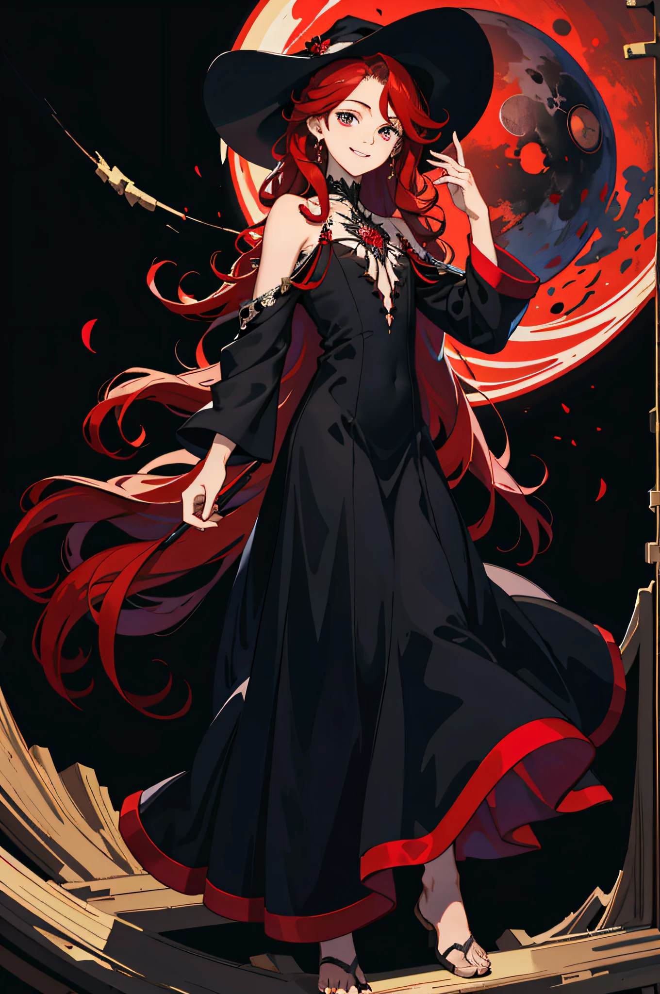 Masterpiece, best quality, 1 male, teenager, delicate eyes, long curly red hair, delicate face, intricate details, smile, gentle smile, black witch dress, wizard hat, dark night, red moon, black background, naked, bare shoulders, full body