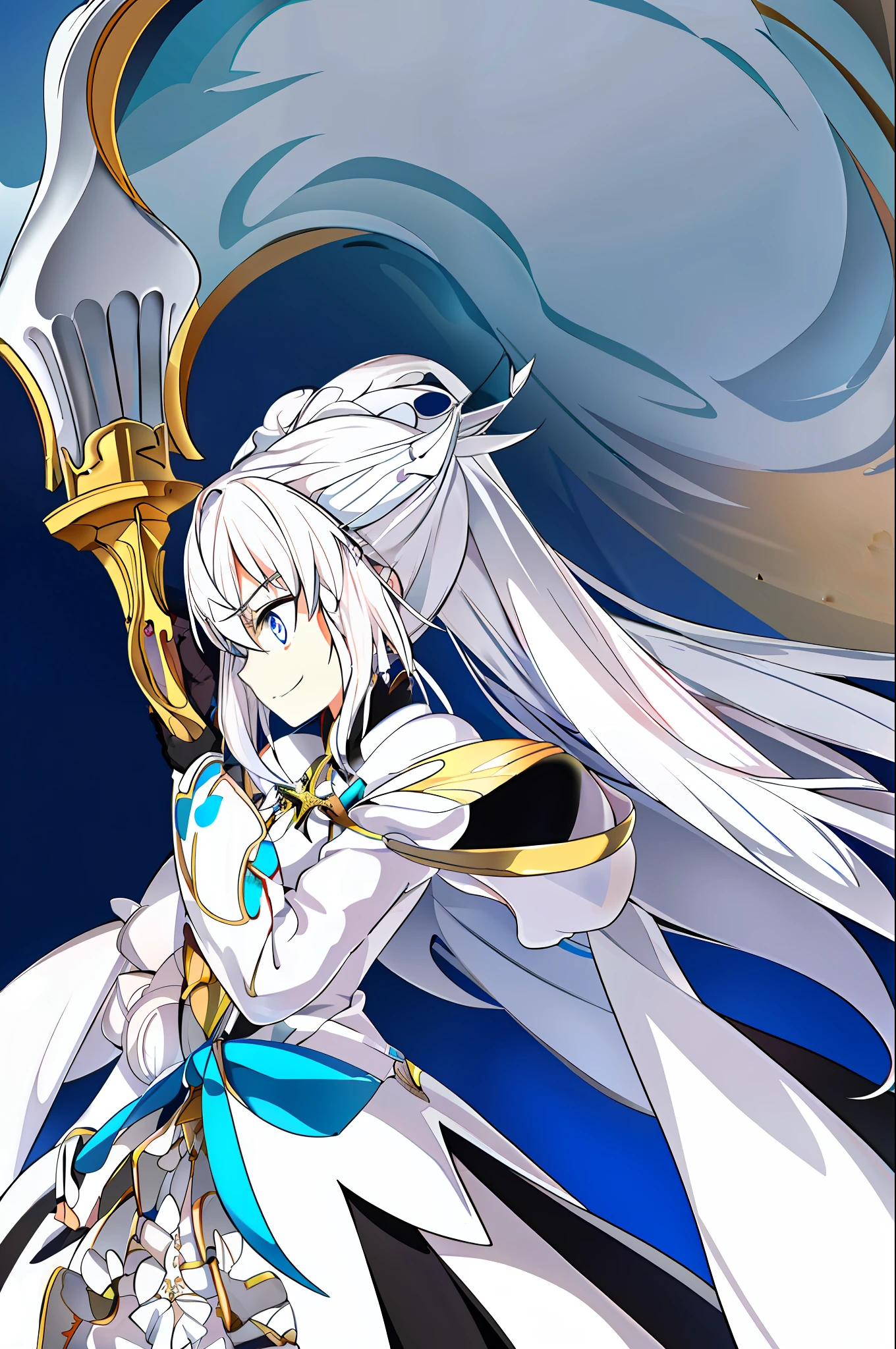 This image depicts a cartoon of a young girl with white hair and wearing a white cape. She has an expression of determination on her face, as if she is ready to take on any challenge that comes her way. Her eyes are wide open and focused, while her mouth is slightly curved in a determined smile. Her long white hair flows down past her shoulders, framing the sides of her face. The cape she wears billows out behind her like wings, giving the impression that she could fly away at any moment. In the style of FGO.