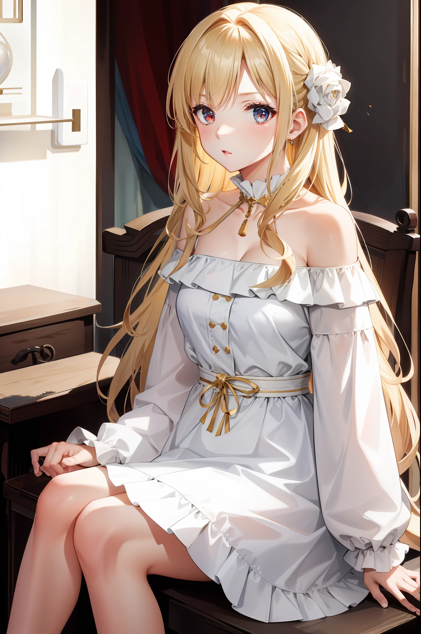 blonde, red eyes, one girl, fluffy clothes, off-shoulder, sitting,