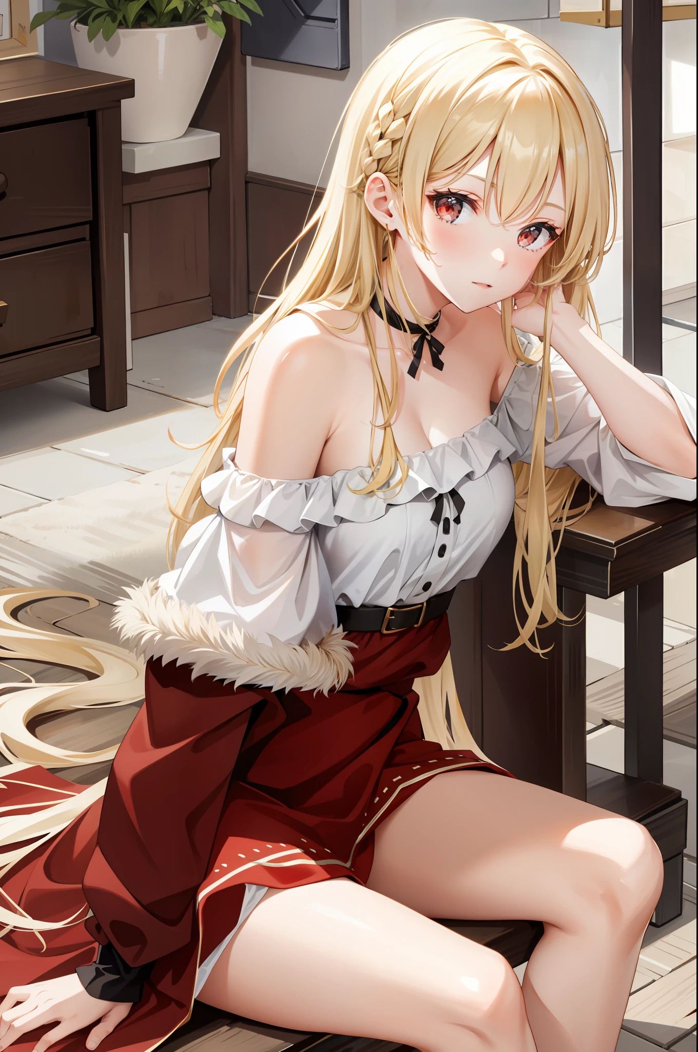 blonde, red eyes, one girl, fluffy clothes, off-shoulder, sitting,