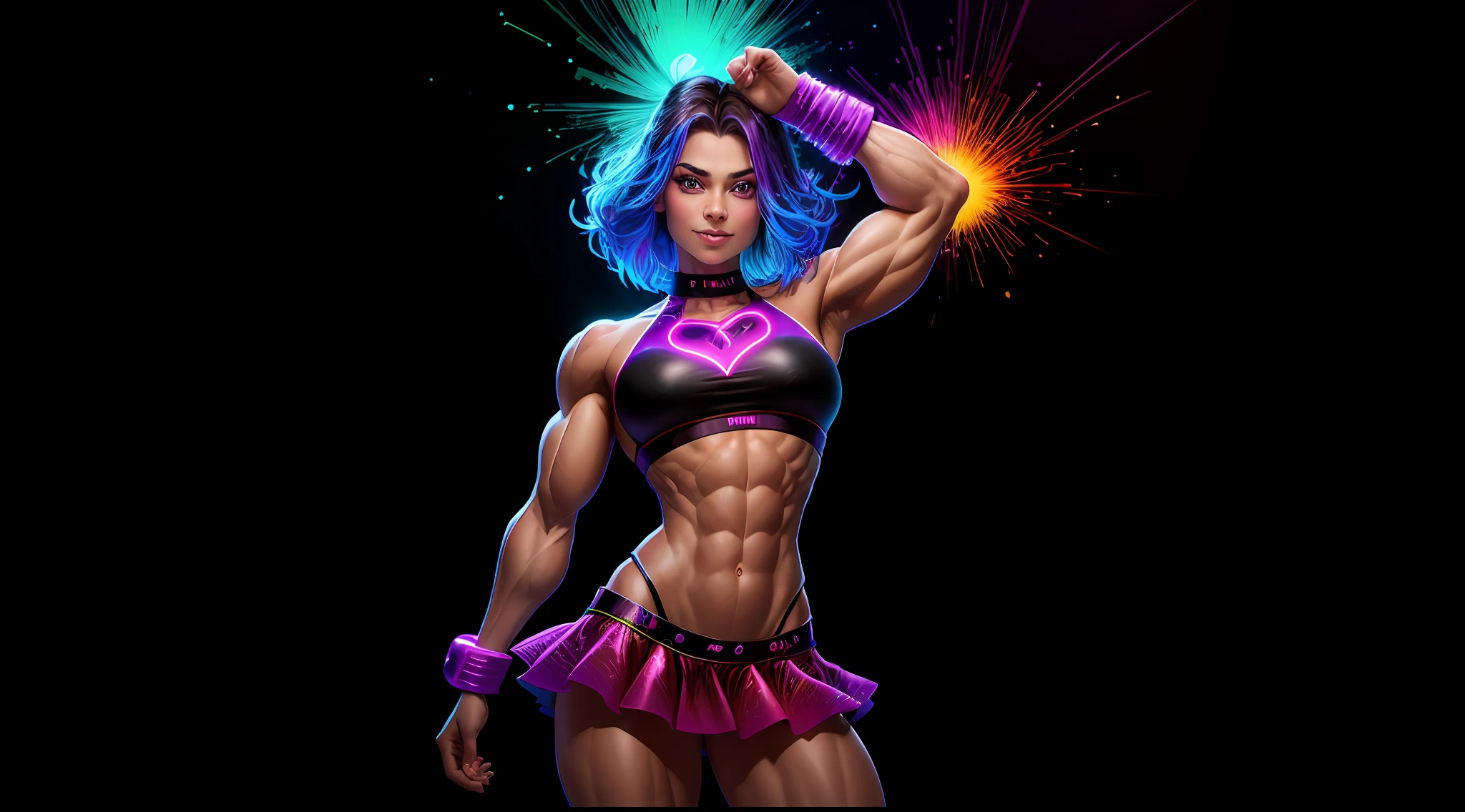 photo of (Chloe Grace|Miranda Kerr:0.7), realistic, masterpiece, highres, full body, (hypermuscle, huge muscles, flexing, veins, very vascular, very muscular, strong, powerful, female domination, female goddess, female power:1.5), wild rainbow toxic hair, wearing a wild skirt, wearing a colorfull small bikini top, curvy body, toned body posing near a dark background [(colorful explosion psychedelic toxic neon paint colors:1.4)::0.30], BREAK, looking at viewer, smug, confident, smile, navel out, hyper realistic lifelike texture, best quality, ultra high res, photo realistic, (elite:0.1), (underwater:0.3), (nasty:0.2),
