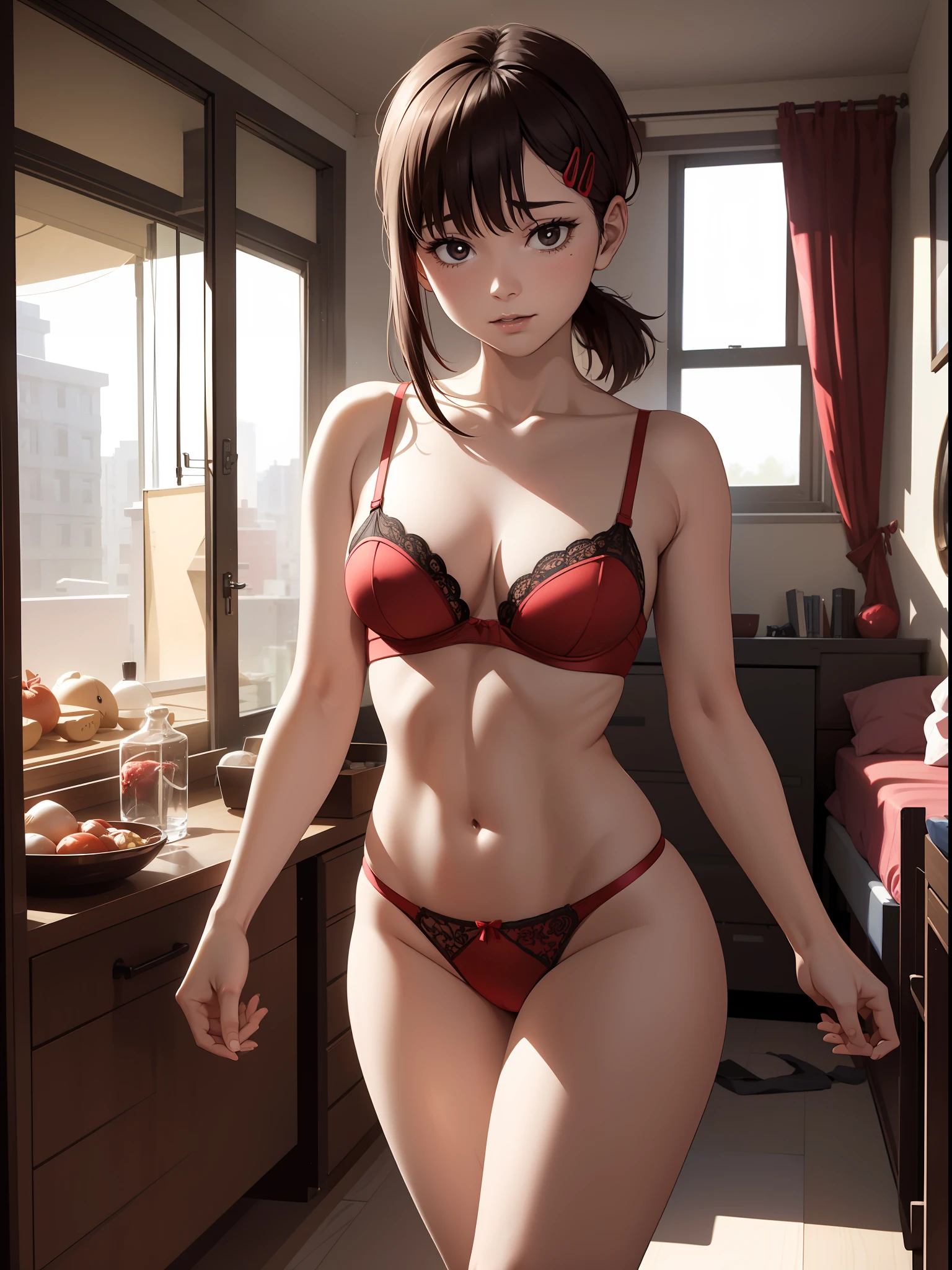 1girl, posing sensually, lying in a room, wearing red lingerie, heels, bed, bedroom, full of candles, seeing the viewer, masterpiece, best quality, beautiful face, sexy, wide hips, small breasts