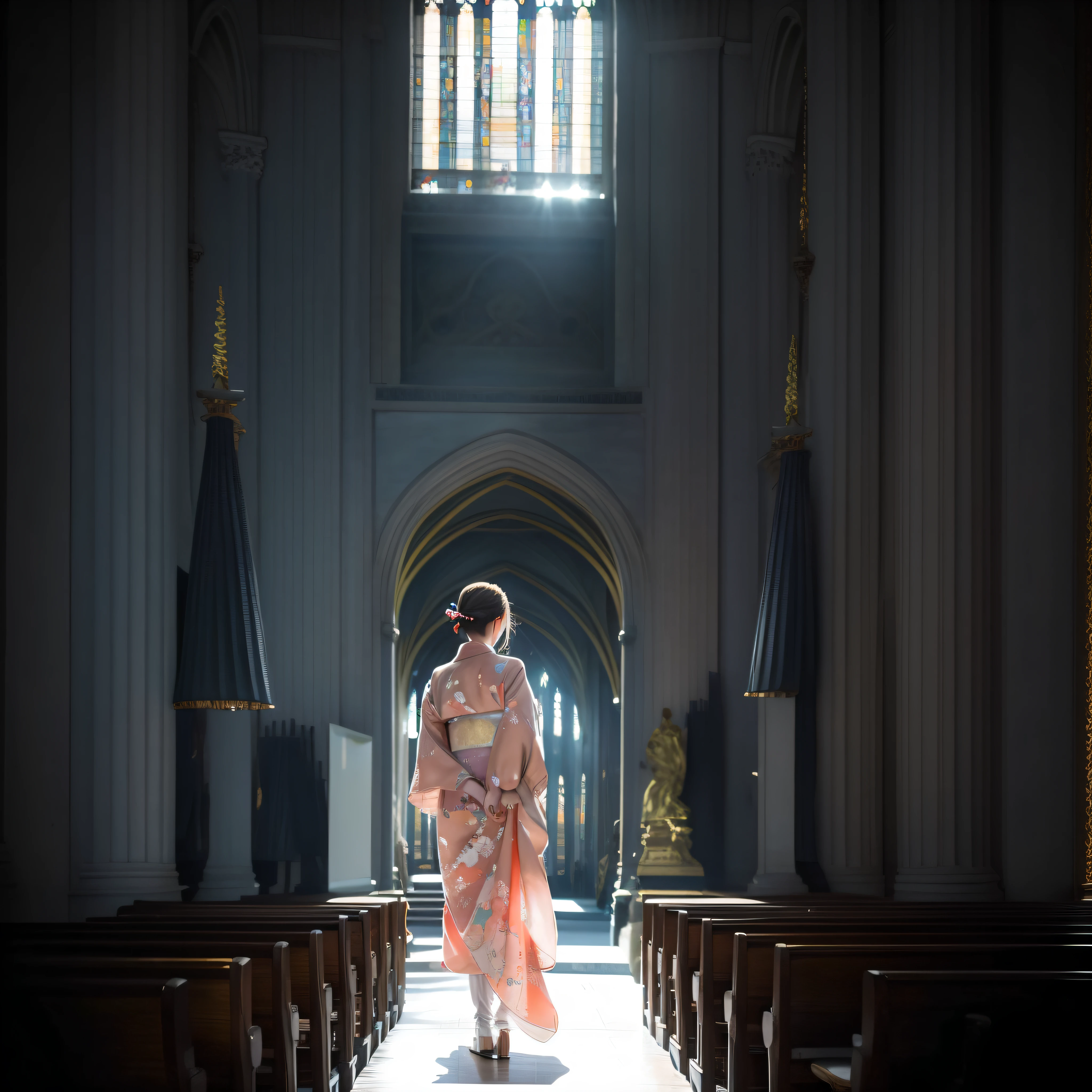 A beautiful teenage slender girl in a traditional kimono of Japan walks inside the dark church of Notre Dame Cathedral in Paris rendered in so detail. She has her back to me and I can't see her face. The floor beneath her feet shines beautifully reflecting the afternoon light. Her shadow stretches towards us. She is heading for the exit. Her garments shine beautifully in the afternoon light shining through the church's skylight. The kimono is translucent and transmits light, creating a projection on the floor. The kimono is traditional yet colorful, with a refined thin fabric and a soft fabric. Small breasts, Best quality, Realistic, Photorealistic, Best quality, Masterpiece, Very delicate and beautiful, Very detailed, Fine detail, Ultra detail, High resolution, Very detailed, Realistic, Ultra high definition, Best quality, Ultra high definition, High quality textures