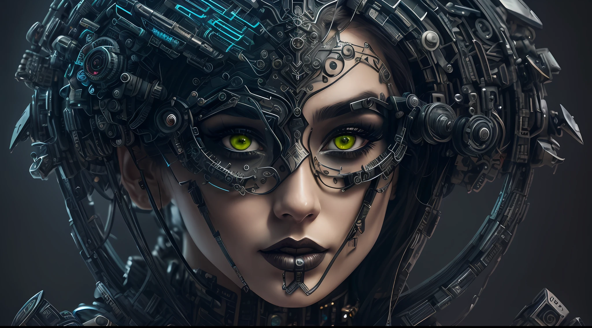 a close up of a woman with a mask and a large headpiece, beautiful cyberpunk girl face, portrait of a cyborg queen, cyberpunk robotic elvish queen, detailed portrait of a cyborg, portrait of a cyberpunk machine, seductive cyberpunk dark fantasy, portrait of a cyberpunk cyborg, cyborg girl, cyborg woman, portrait of a cyborg, portrait beautiful sci - fi girl