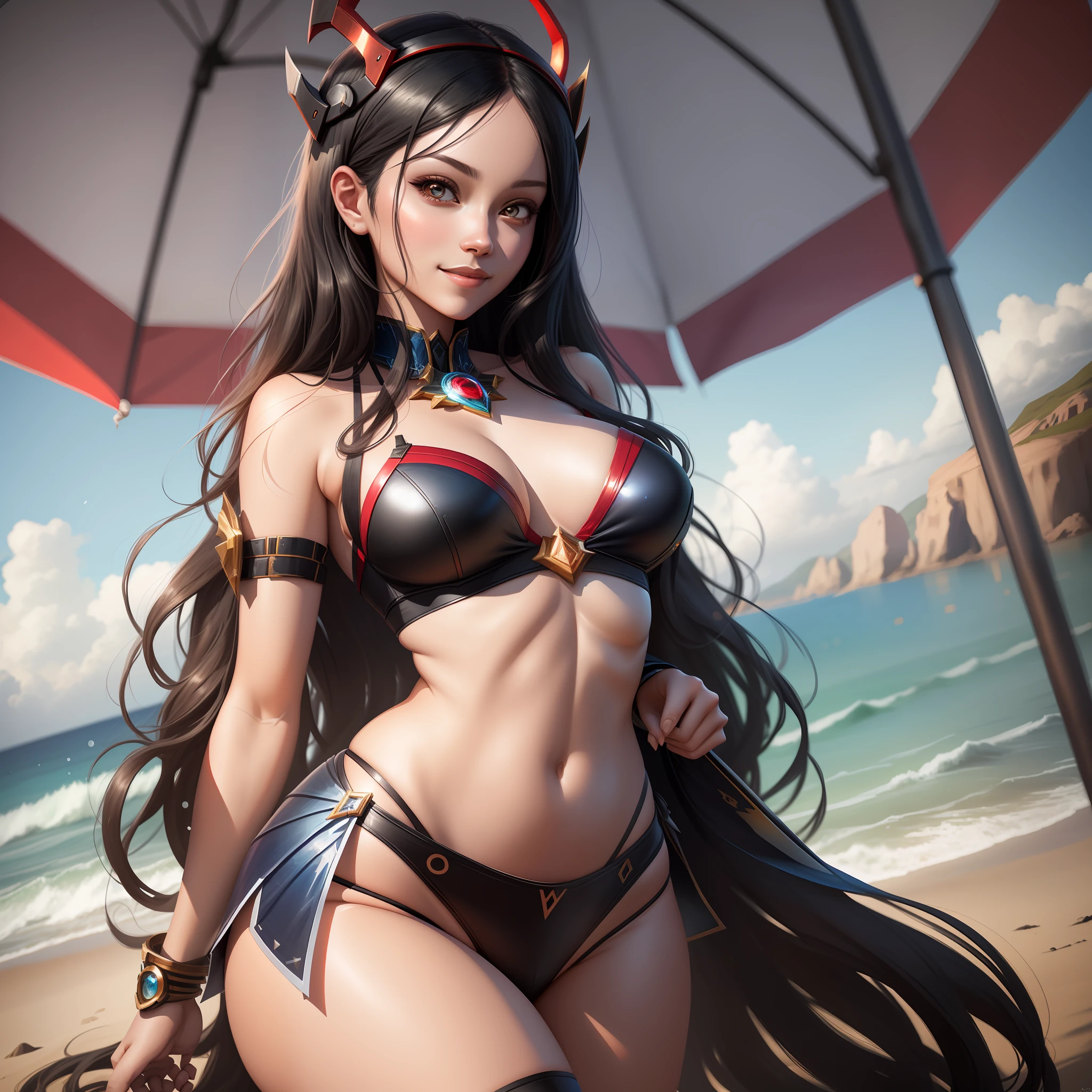 A closeup of a woman with two adas, on a beach, Sciamanoextremely detailed, model irelia League of Legends, Artgerm Lau, Style Sciamano, Sciamano detailed, Concept art | aSciamano, Sciamano on artstation pixiv, irelia, Sciamano style, Sciamano style, Sciamano, 8k, high quality, bikini, red color bra, tight panties, dark blue panties, transparent skirt, knee length skirt, transparent white skirt, knives on the back, long black hair, defined adomen, thick thighs, prancing ass, beautiful smile