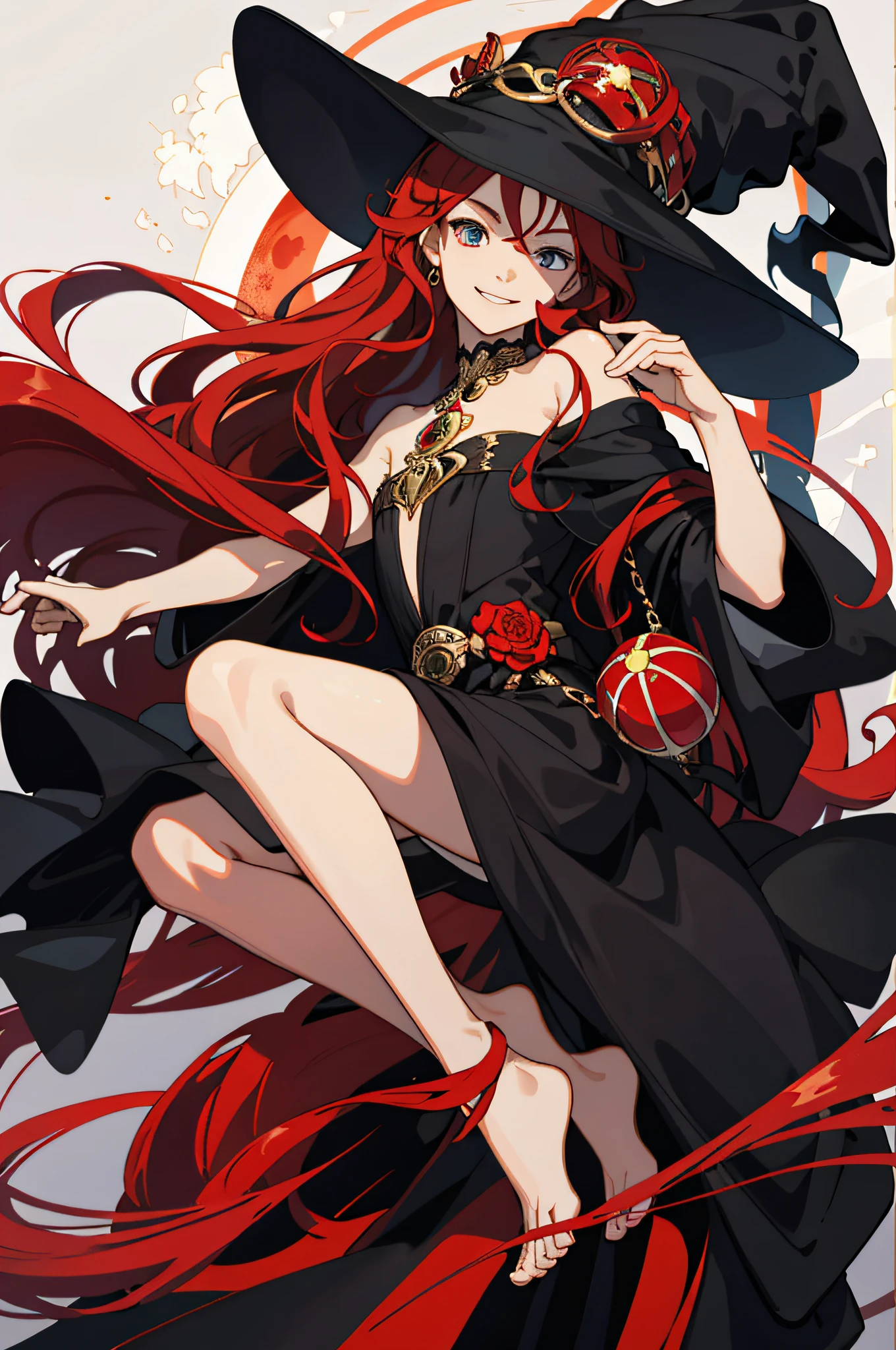 Masterpiece, best quality, 1 male, ager, delicate eyes, long curly red hair, delicate face, intricate details, smile, gentle smile, black witch dress, wizard hat, dark night, red moon, naked, bare shoulders, full body