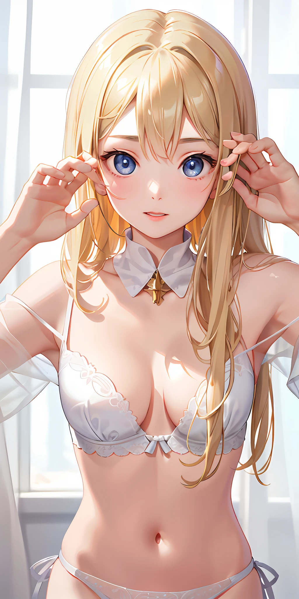 (Real: 1.4), (Masterpiece, Sidelights, Fine Beautiful Eyes: 1.2), Masterpiece*Portrait、、、、, Realistic, 3D Face, Glistening Eyes, Glossy Hair, Skin Falling Out, Solo、、、、, Embarrassing, (Epigastric), White Underwear, Blonde Hair, (Princess)