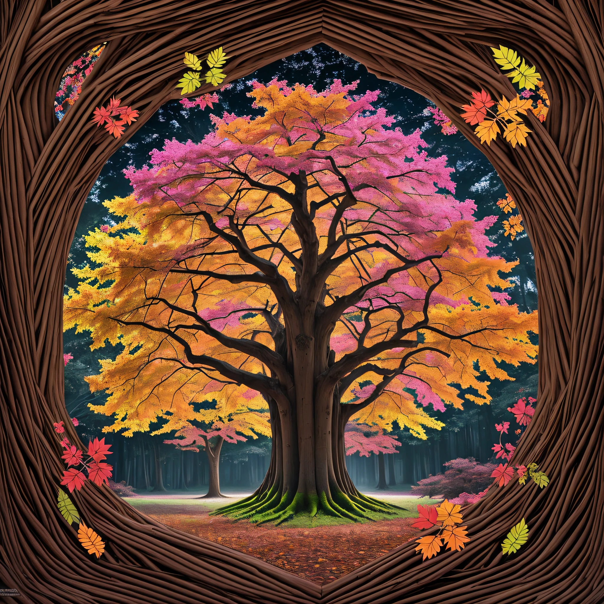 tree of life, leafy tree, thick trunk, twisted, with colorful leaves and flowers, dark background, nocturnal.