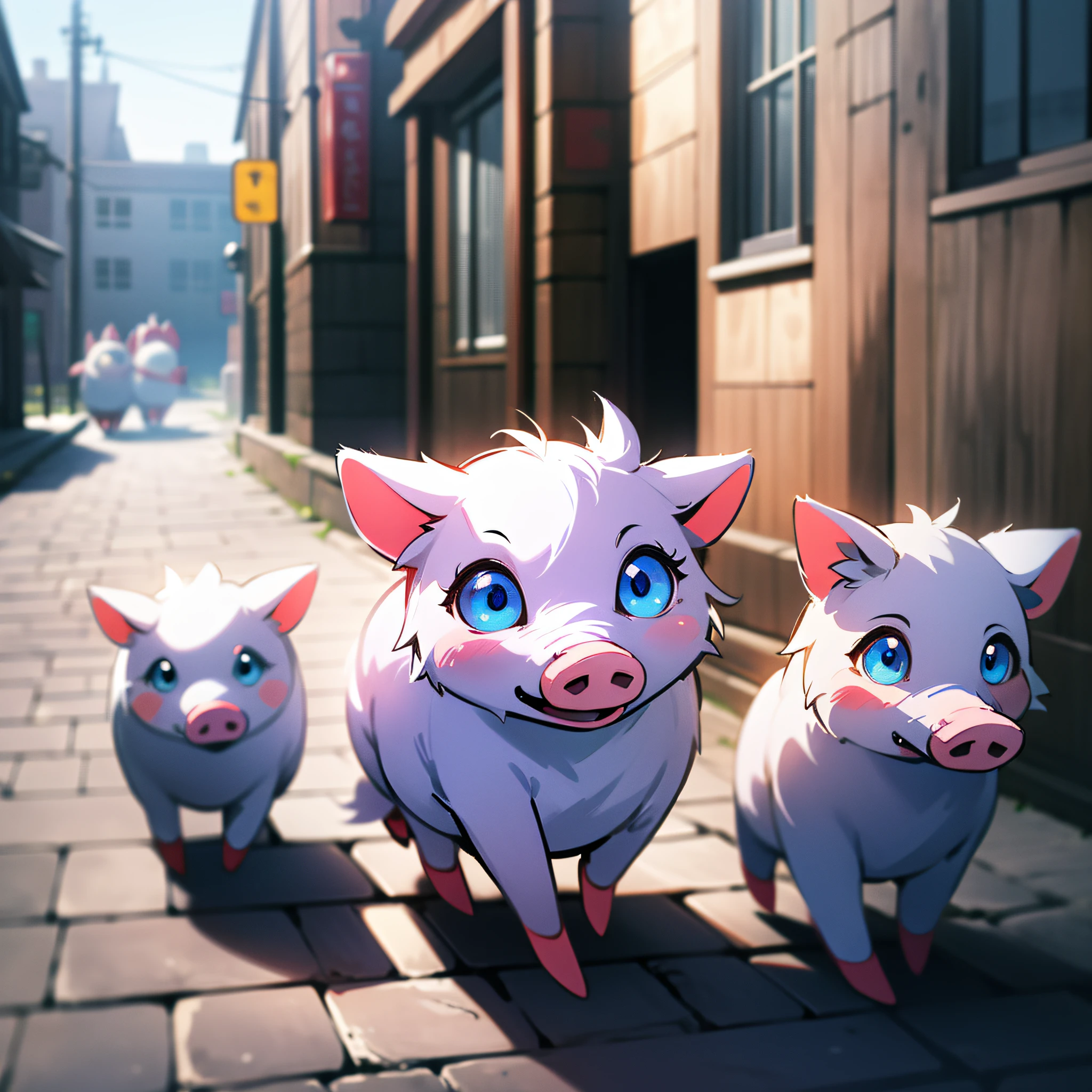3little pigs, cute, high quality, blurry background, little pigs equal, blue eye, walking, walking, queuing, in a row, walking in a row, walking in a row