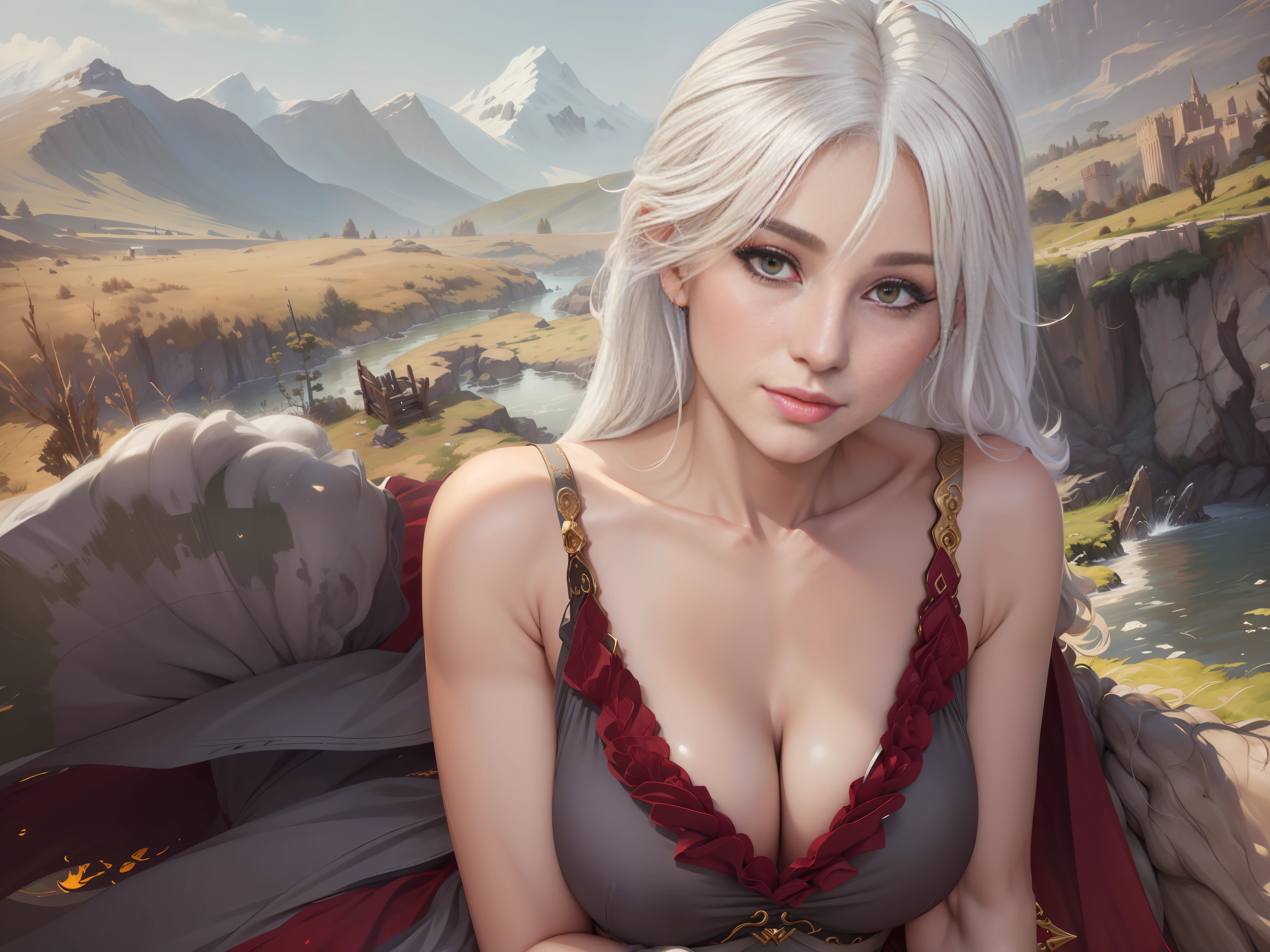(Fidelity: 1.4), magical, masterpiece, ((female, big)), slim, muscular, sharp ears, light gray skin, long curly white hair, red eyes, smile, be careful, do not disturb, Recite the Pipa