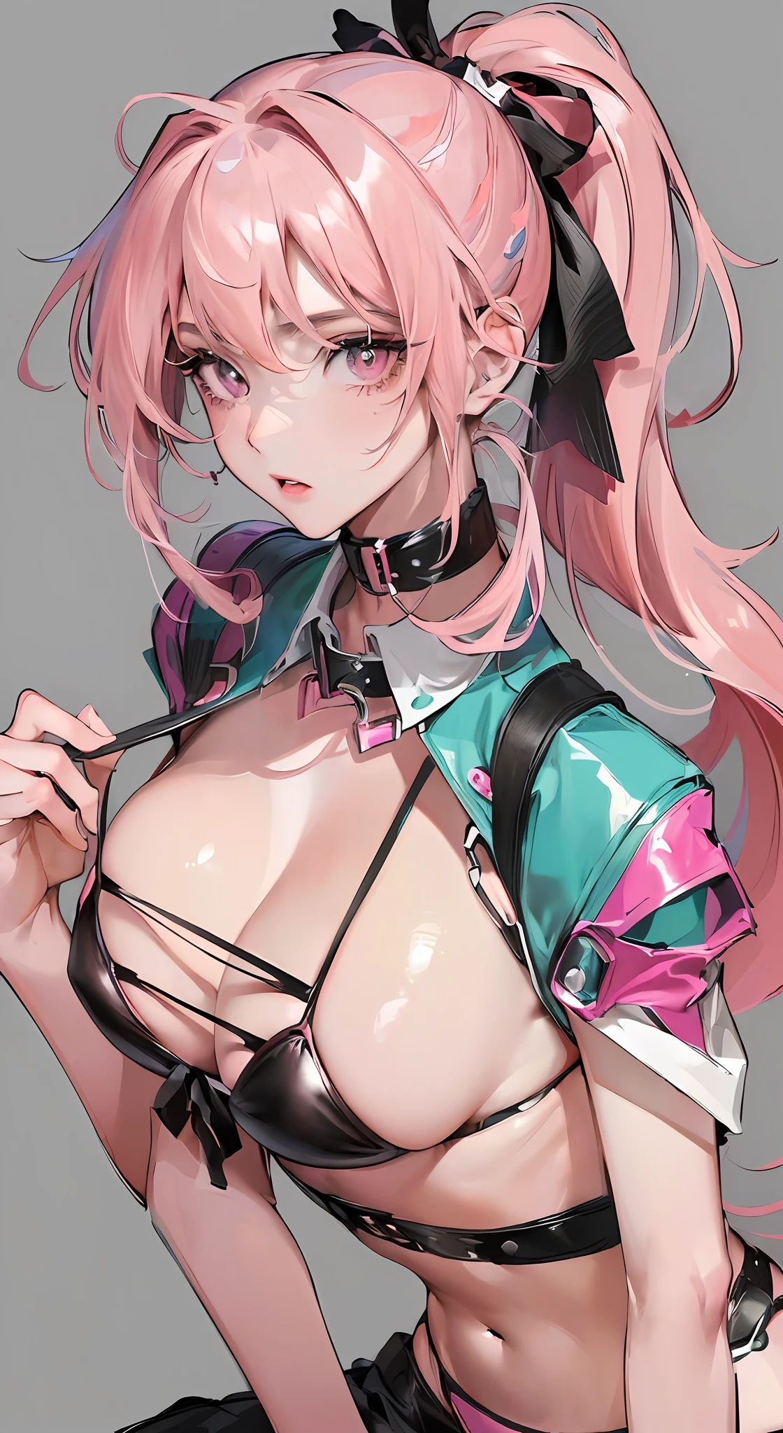 (Masterpiece, Top Quality, Best Quality, Official Art, Beauty and Aesthetics: 1.2), (1 Beautiful Slave: 1.3), (Slave Collar: 1.3) (Long Pink Hair, Ponytail) (Kneeling,: 1.2) (Bikini: 1.3), Square Background, Marble, Face Close-up, Face Close-up