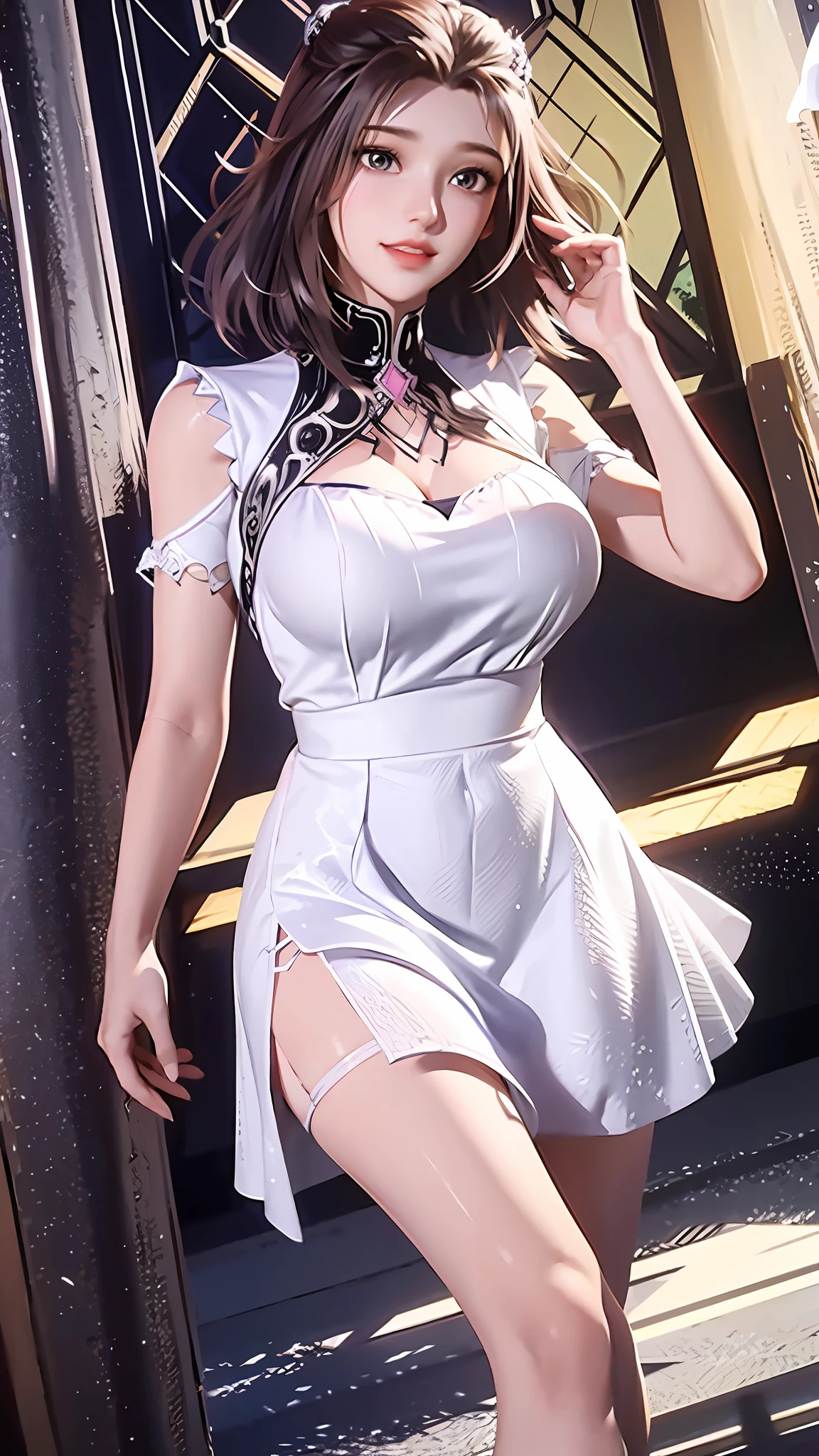 The light white short sleeves are beautiful with a lace short skirt, showing a cute and playful feeling.
