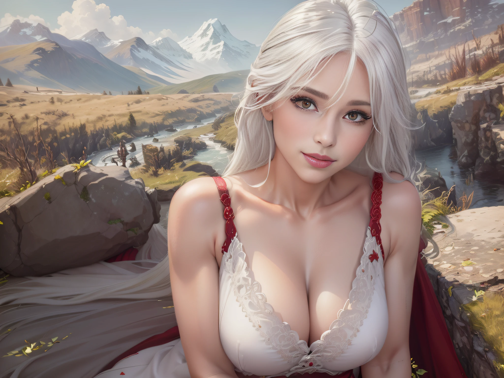 (Fidelity: 1.4), magical, masterpiece, ((female, big)), slim, muscular, sharp ears, light gray skin, long curly white hair, red eyes, smile, be careful, do not disturb, Recite the Pipa
