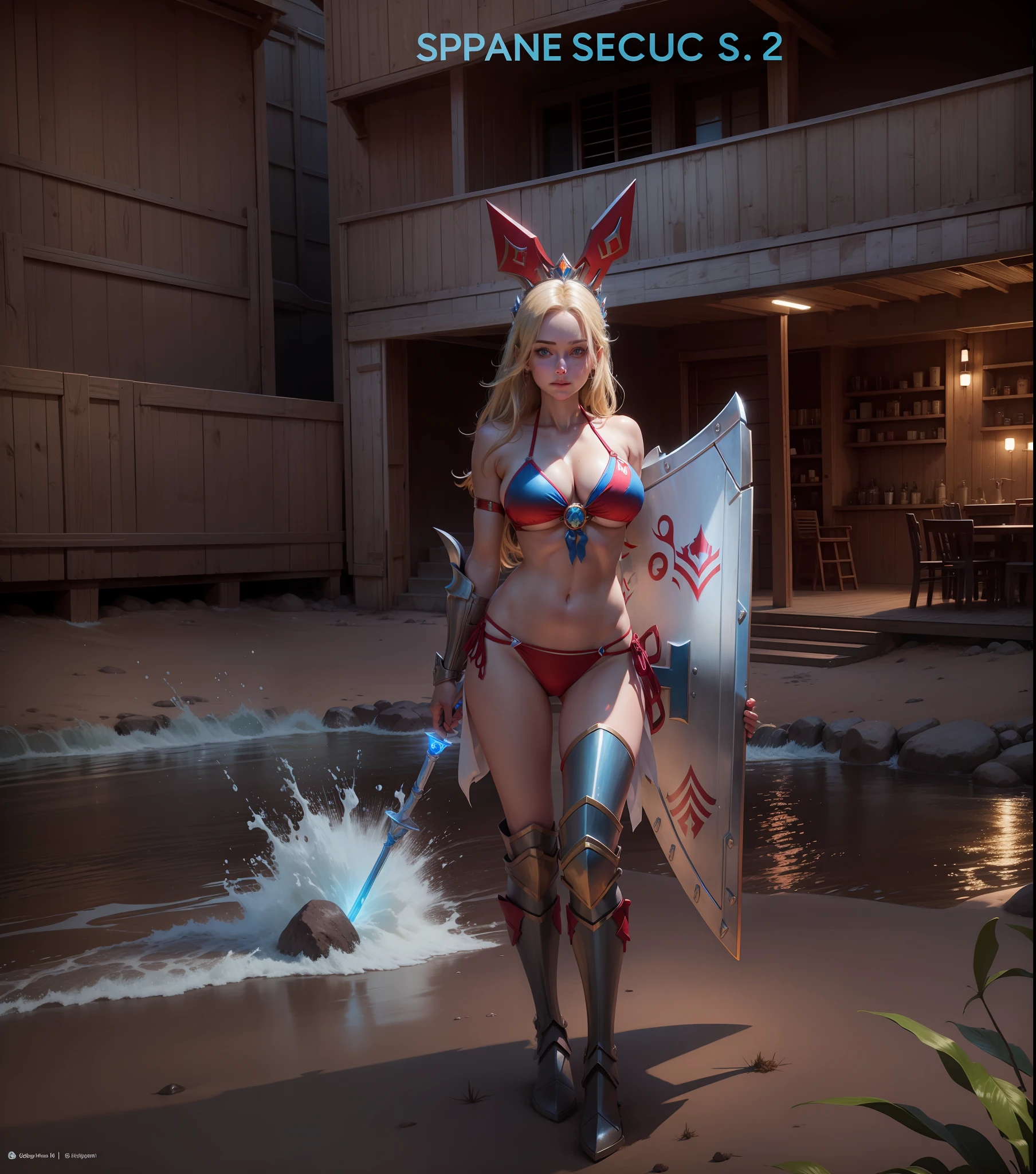(bikini:1.2) has a bikini on, realistic, red cheeks, blue eyes, looking at you, blonde, bigger, happy, holds a shield on her left hand and a scepter on her right hand --auto --s2