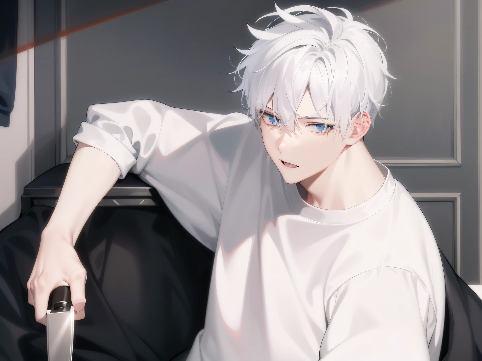 anime - style image of a man with white hair and a knife, white haired, white-haired, he has dark grey hairs, white haired deity, tall anime guy with blue eyes, best anime 4k konachan wallpaper, silver haired, a silver haired mad, male anime style, gray haired, white hair, messy wavy white hair, white - haired fox