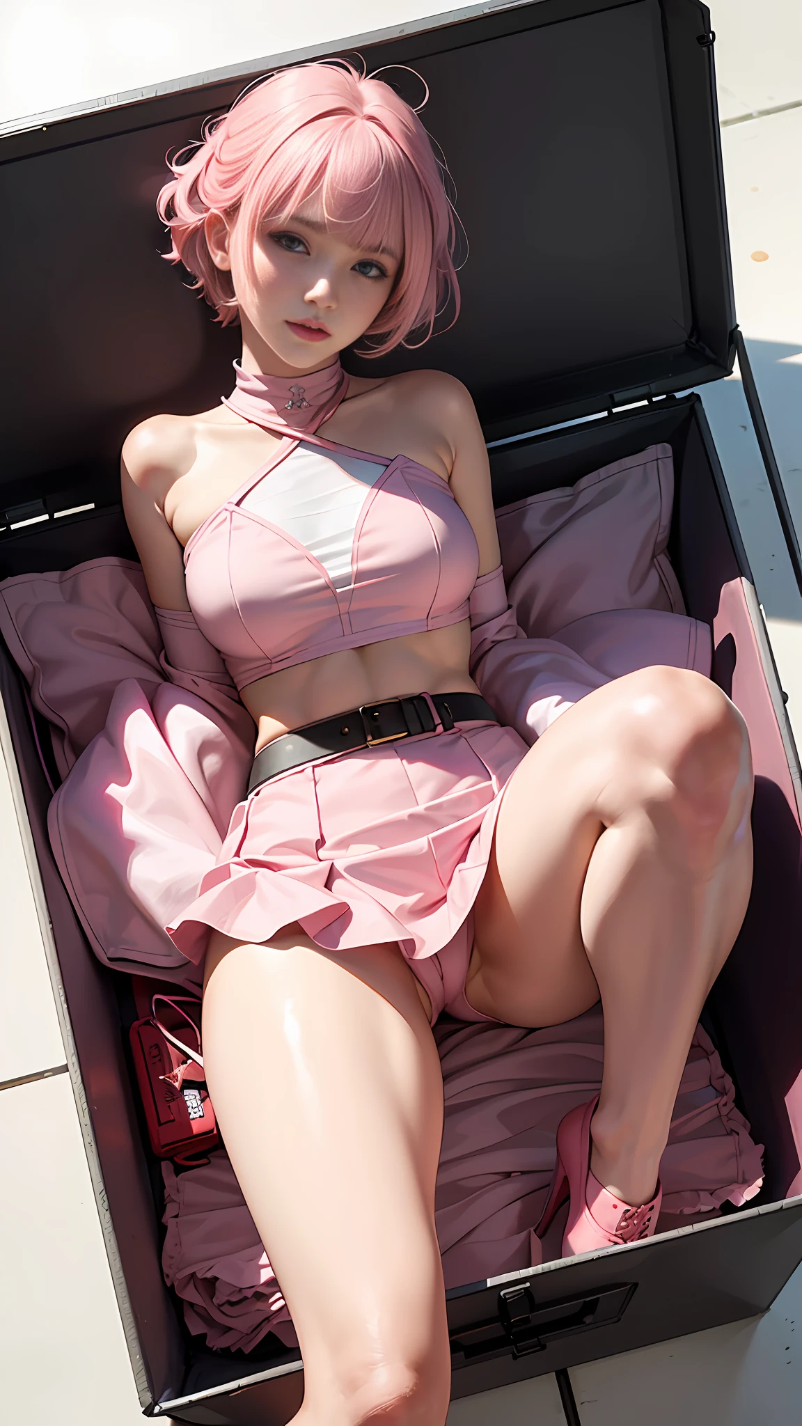 (A girl with short pink hair pink miniskirt curled up in a box: 1.5), (top view: 1.5), shirt, knees up, legs bent, full body, long legs, (masterpiece), (best quality), realistic, cinematic light, cool pose, perfect figure, high heels, pink longsword in hand,