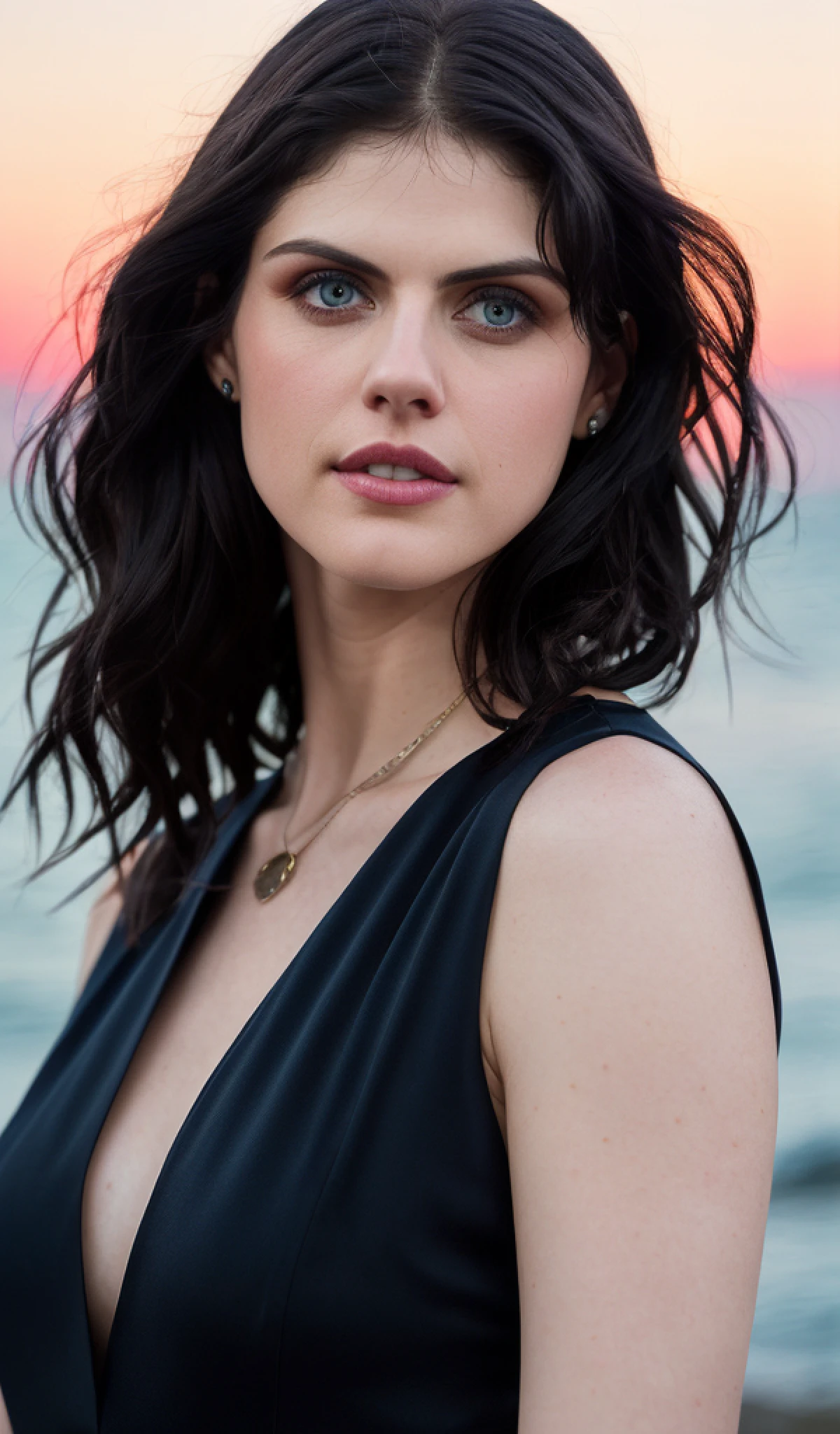 Alexandra Daddario 30 years old, black hair, blue eyes, RAW photo, black dress, realistic wind hair, (highly detailed skin: 1.2), 8k uhd, dslr, soft lighting, high quality, film grain, Fujifilm XT3, sunset, sky in the background