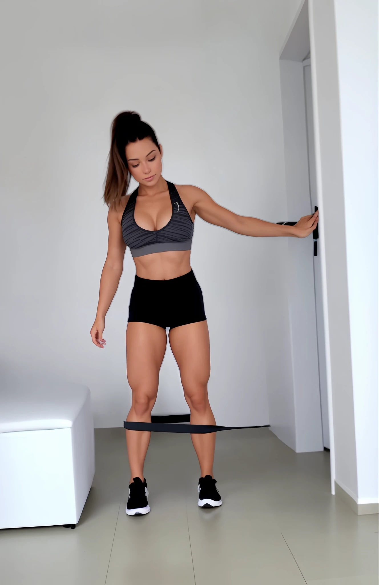 Woman lightened brunette hair, training in a sports bra top and black shorts standing in a room, strong legs, toned legs, fit body, cottagecore!! body fitness, focus thighs, power posture, lower body, muscle thighs, whole body!,