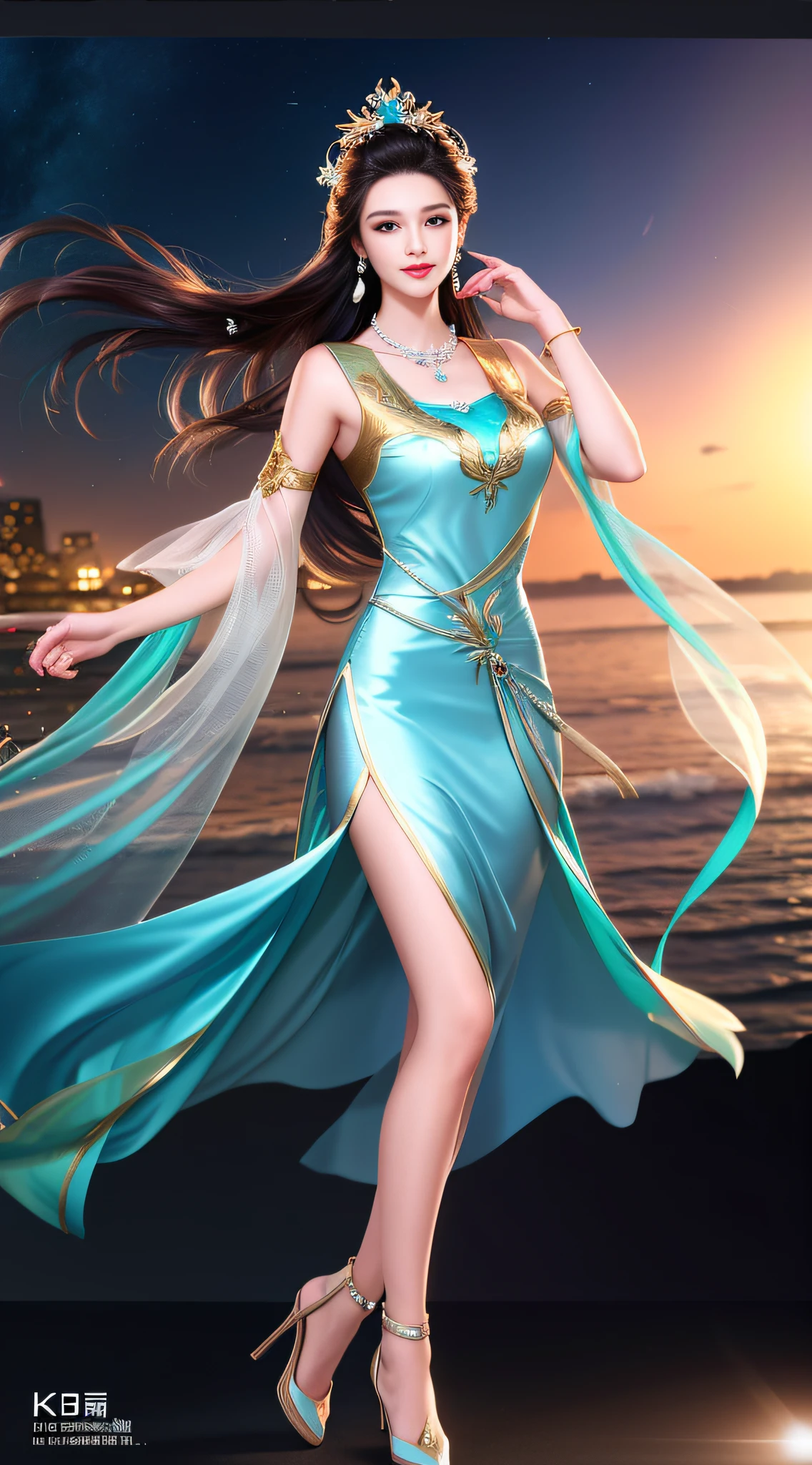 Good quality, masterpiece, high resolution, 1girl, transparent silk porcelain dress, beautiful face, hair accessories, looking at the audience, smile, close mouth, lips, dress, hair accessories, necklace, jewelry, long hair, earrings, beautiful face, on the body, tyndall effect, realism, wide seaside, edge lighting, two-tone lighting, (high detail skin: 1.2), 8k uhd, DSLR, soft light, high quality, volumetric lighting, voyeur, photo, high resolution, 4k, 8k, Background bokeh, in motion, full body, dynamic scene, dynamic face, backlight, clothes explosion,