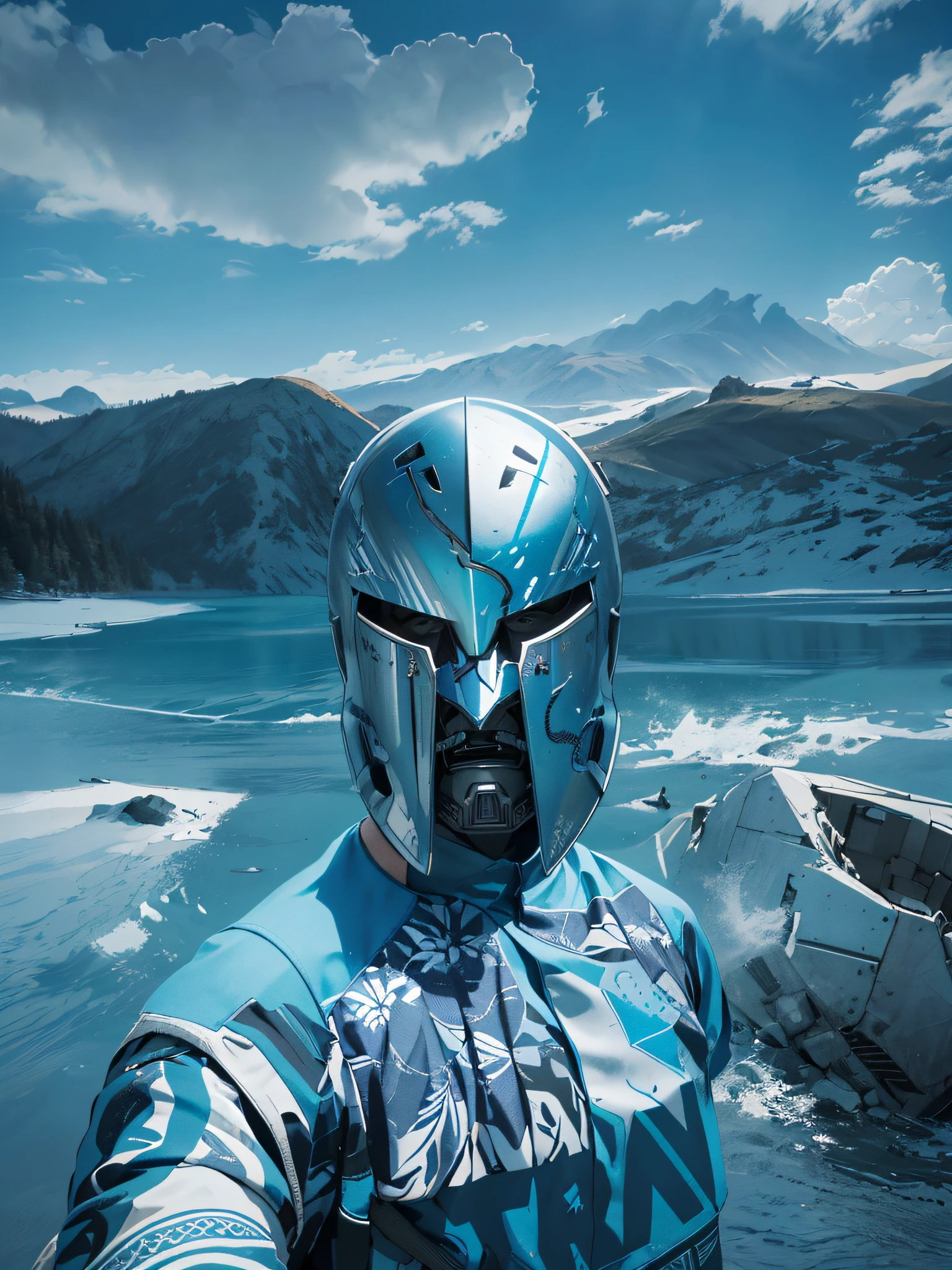 there is a man wearing a helmet and a blue shirt, spartan rage, knight wearing helmet, dressed in spartan armour, armor focus on face, spartan, face of an armored villian, symmetry!! portrait of cyborg, in a gladiators arena landscape, unreal 5. rpg portrait, helmet on face, stark landscape, inspired by Alonso Vázquez, (((knight)))