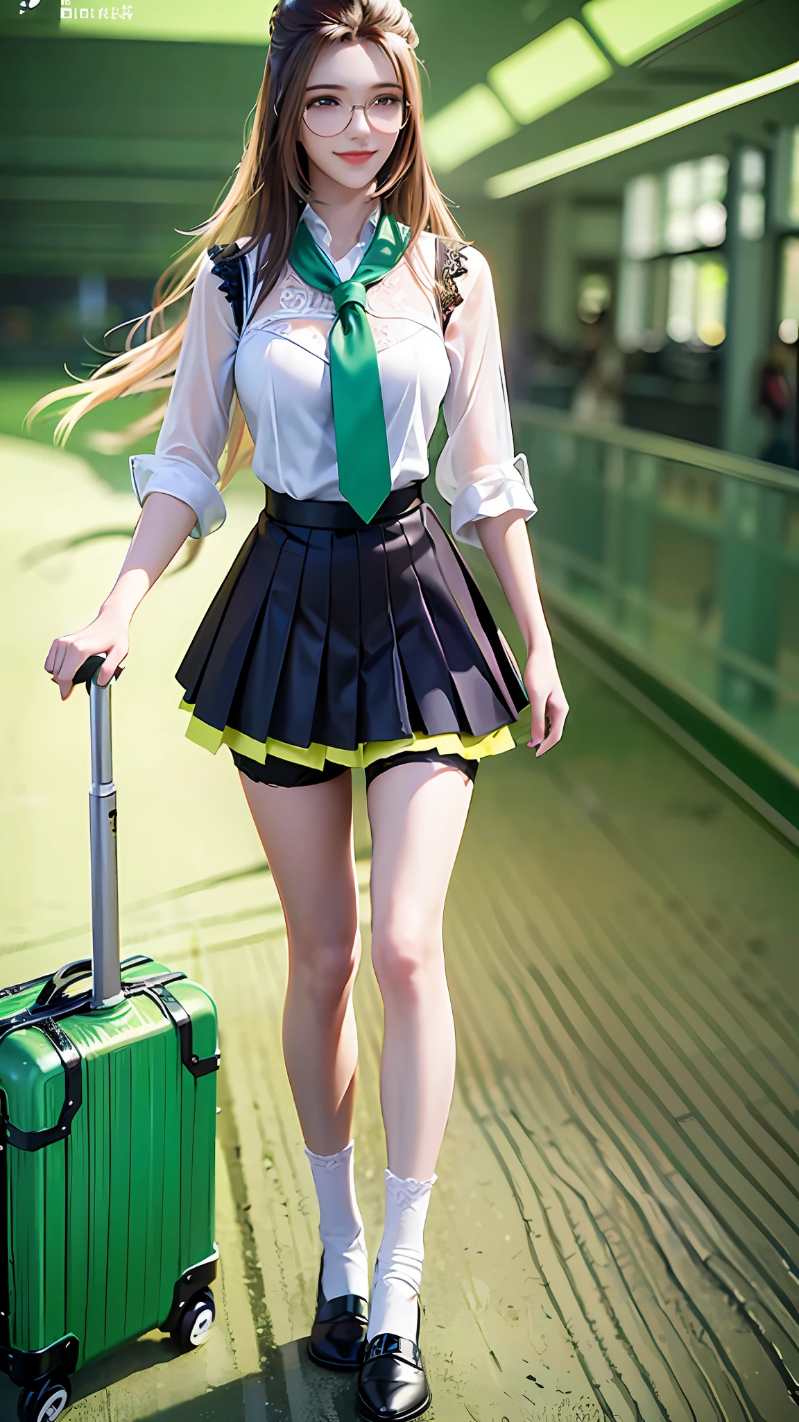 ((Dark Light, Top Quality, 8K, Masterpiece: 1.3)), (Focus: 1.2), (In Chinese, Casual Theme, Indoor: 1.5), (Beauty & Slim Abs: 1.4), ((Layered Hairstyle)), (White Shirt: 1.6), (White Lace Short Skirt: 1.3), Highly Detailed Face and Skin Texture, Whitening Skin, (Full Body: 1.4), (HD Standing Painting), (Fresh Natural Painting Style), White School Uniform, (Bright Green Stockings + Black Shoes: 1.2), ( White bandana + light yellow glasses: 1.1), (long flowing hair + smile: 1.2), hand suitcase, airport runway, blue sky and white clouds, sunny day, (medium length lens, back hand smile)
