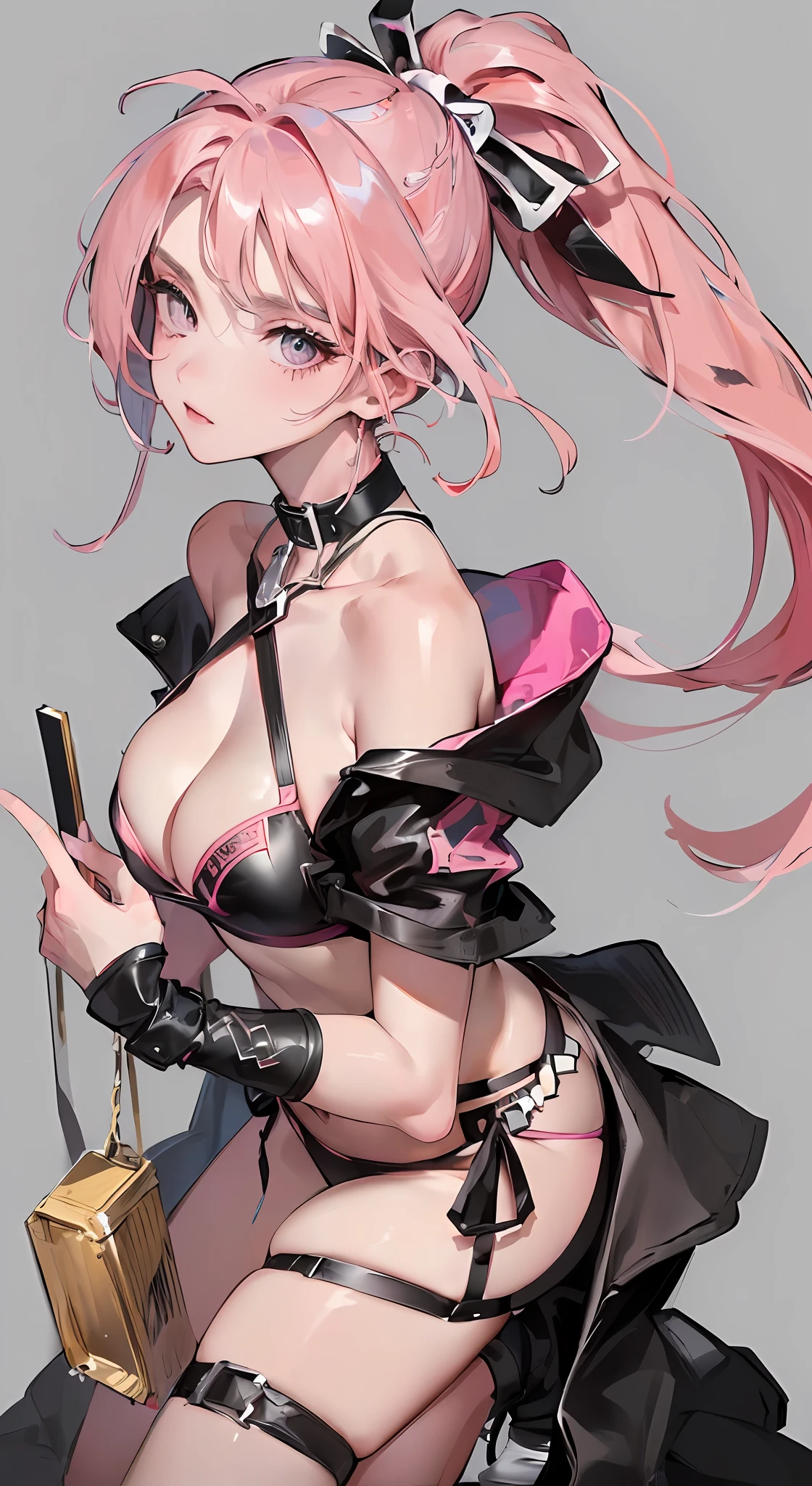 (Masterpiece, Top Quality, Best Quality, Official Art, Beauty and Aesthetics: 1.2), (1 Beautiful Slave: 1.3), (Slave Collar: 1.3) (Long Pink Hair, Ponytail) (Kneeling,: 1.2) (Bikini: 1.3), Square Background, Marble, Face Close-up, Face Close-up