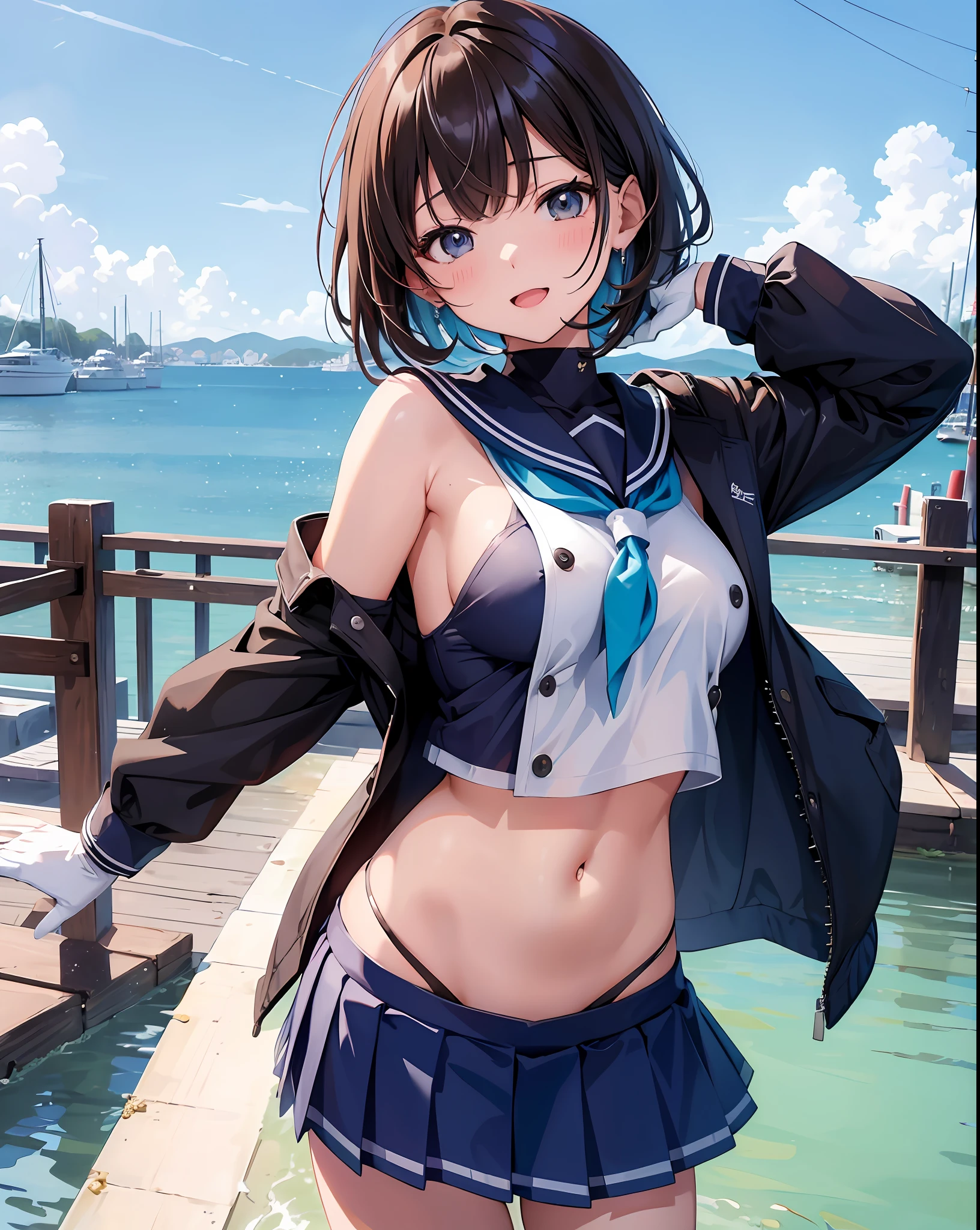 1young_teen_女の子、ロリ、brown_hair、medium_bob_hair、blue_midriff_baring_sailor_uniform、mini_skirt、short_sleeve、太もも、big_tits,closed_eyes, 笑顔、open_mouth、立っている,harbor_background、spread_legs、幸せ、NSFW、short_gloves, wet,transparent,covered_nipples, covered_crotch, under_tits,