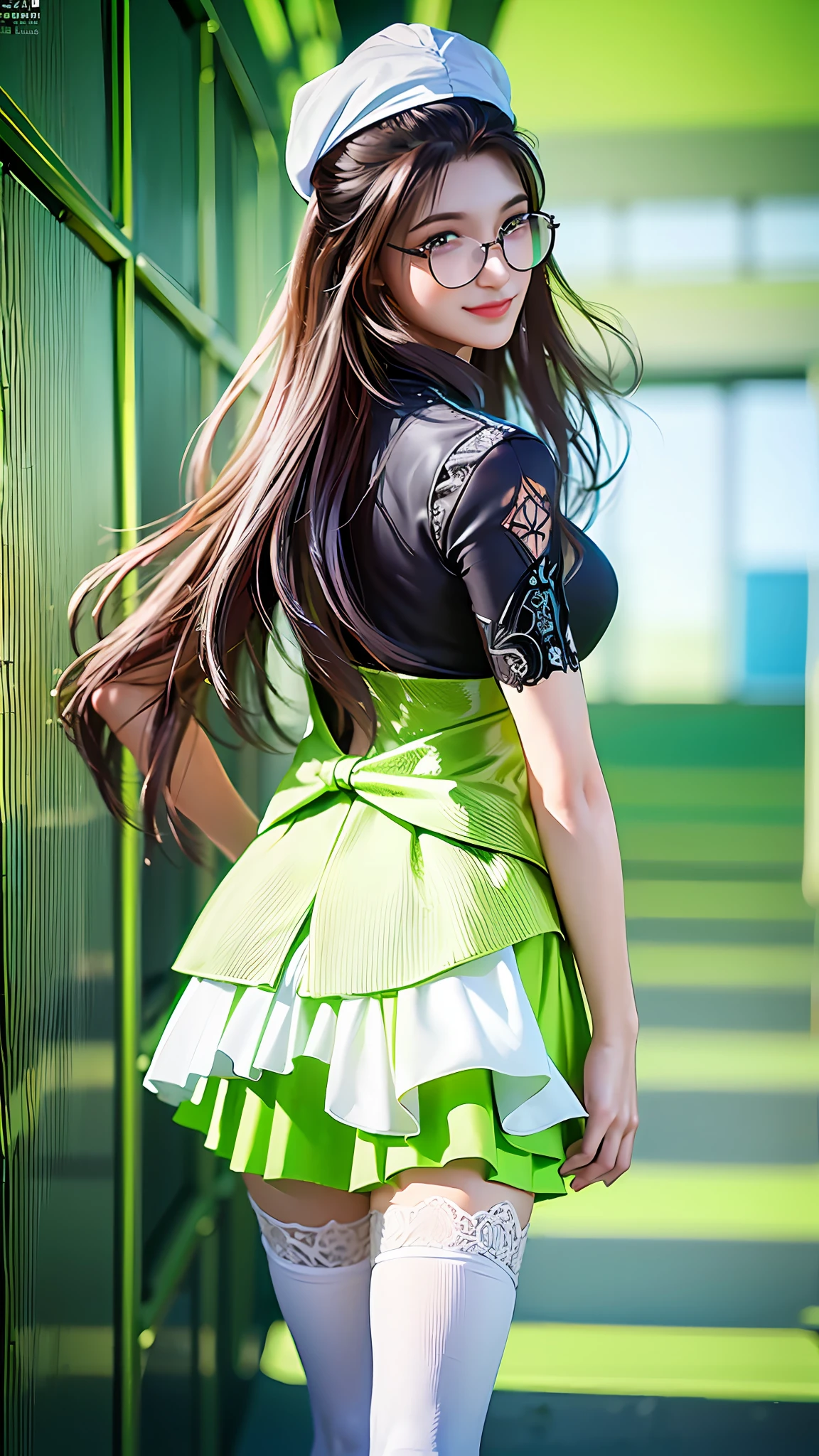 ((Dark Light, Top Quality, 8K, Masterpiece: 1.3)), (Focus: 1.2), (In Chinese, Casual Theme, Indoor: 1.5), (Beauty & Slim Abs: 1.4), ((Layered Hairstyle)), (White Shirt: 1.6), (White Lace Short Skirt: 1.3), Highly Detailed Face and Skin Texture, Whitening Skin, (Full Body: 1.4), (HD Standing Painting), (Fresh Natural Painting Style), White School Uniform, (Bright Green Stockings + Black Shoes: 1.2), ( White bandana + light yellow glasses: 1.1), (long flowing hair + smile: 1.2), hand suitcase, airport runway, blue sky and white clouds, sunny day, (medium length lens, back hand smile)