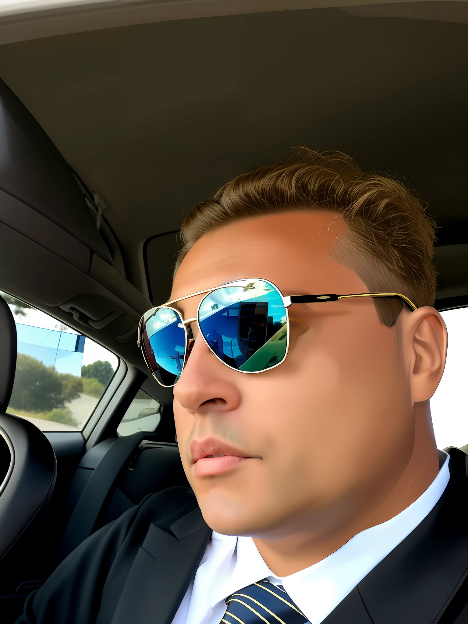 there is a man in a car wearing sunglasses and a tie, wearing versace sunglasses, in sun glasses, wearing oakley sunglasses, in the sun, wearing cool sunglasses, wearing mirrored sunglasses, wearing sunglasses, taken in the early 2020s, looking away from viewer, with sunglass, selfie of a man, looking heckin cool and stylish