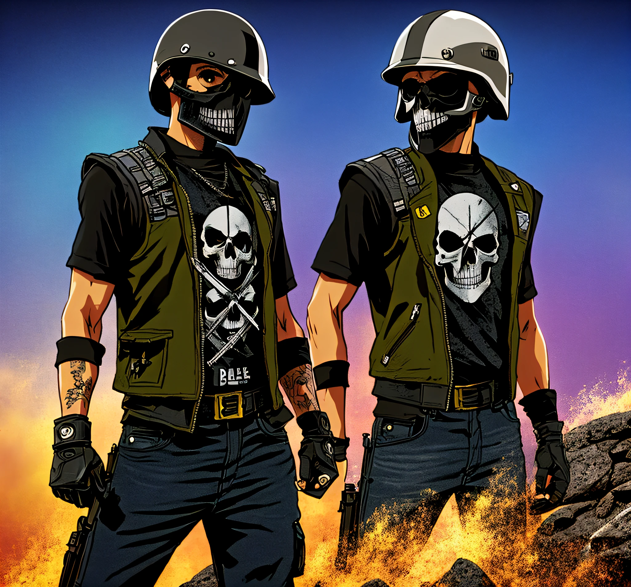 cartoon of a man with a skull face wearing a helmet, skull design for a rock band, background art, upper body avatar, wearing a t-shirt and fights, back to dead colors, soldier outfit, skull image on vest, stylized digital illustration