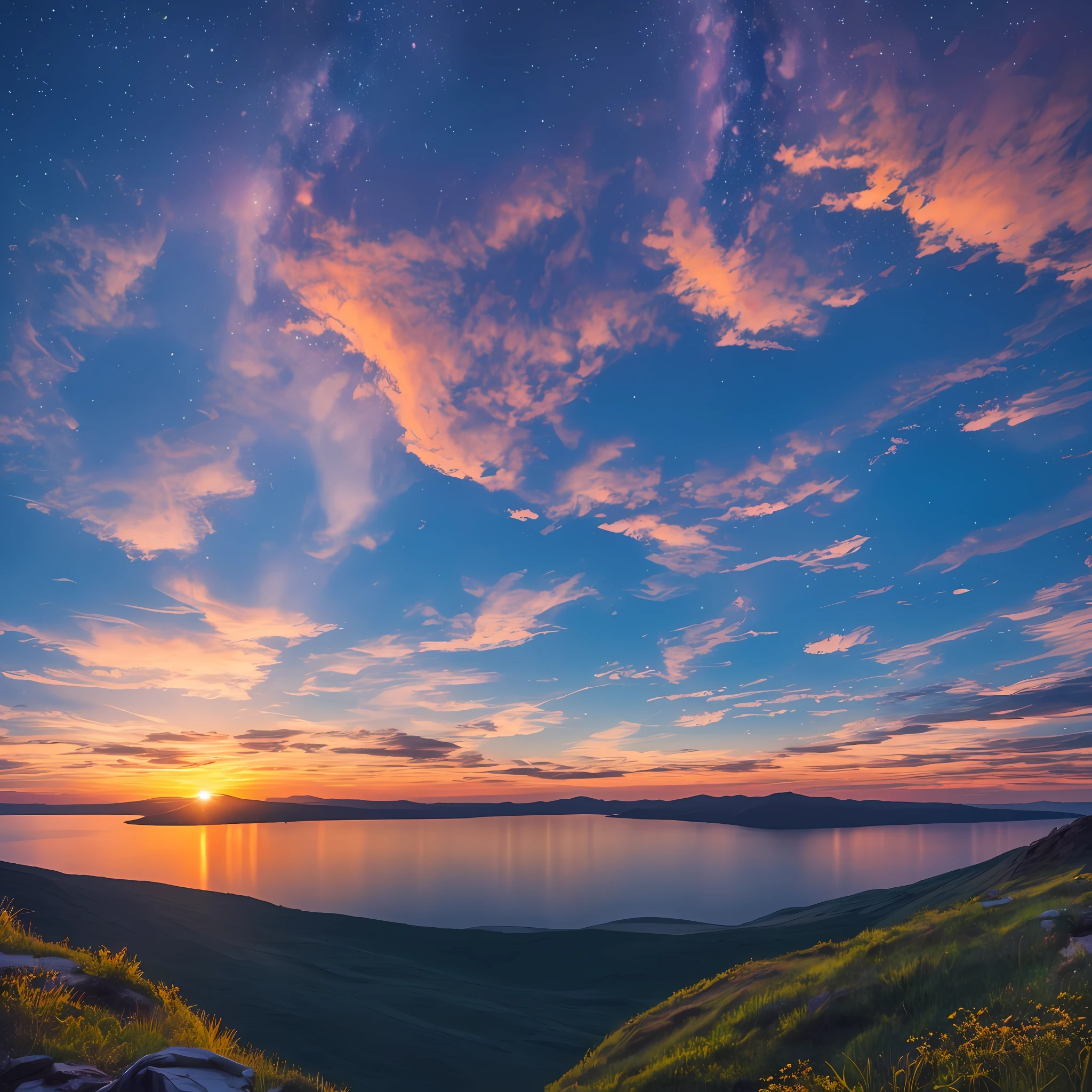 Sunrise, night glow, distant view, realistic, rich colors, beautiful and colorful, wide-angle lens, night shooting, positive film, naturalistic style, high definition shooting. --auto --s2