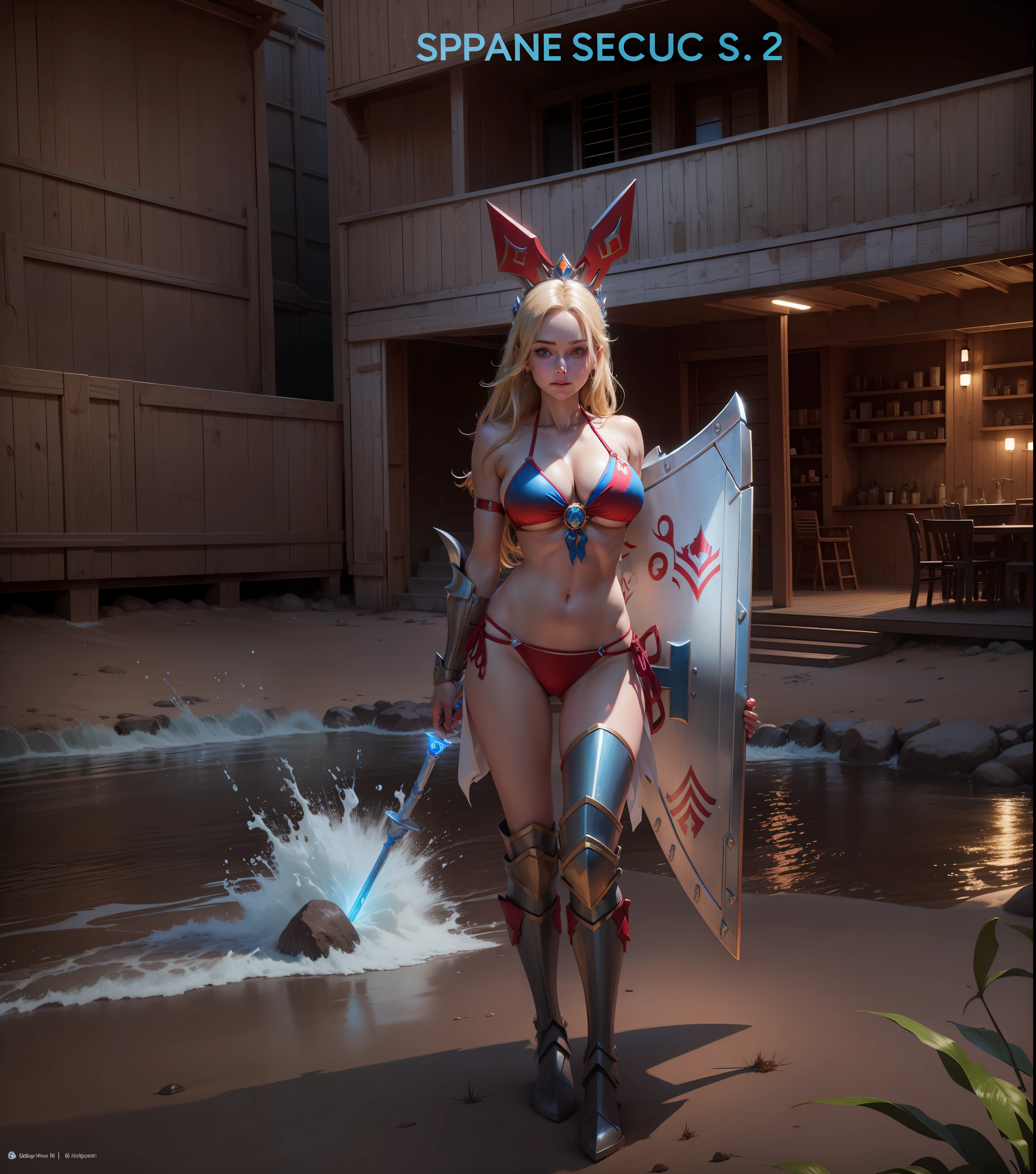(bikini:1.2) has a bikini on, realistic, red cheeks, blue eyes, looking at you, blonde, bigger, happy, holds a shield on her left hand and a scepter on her right hand --auto --s2