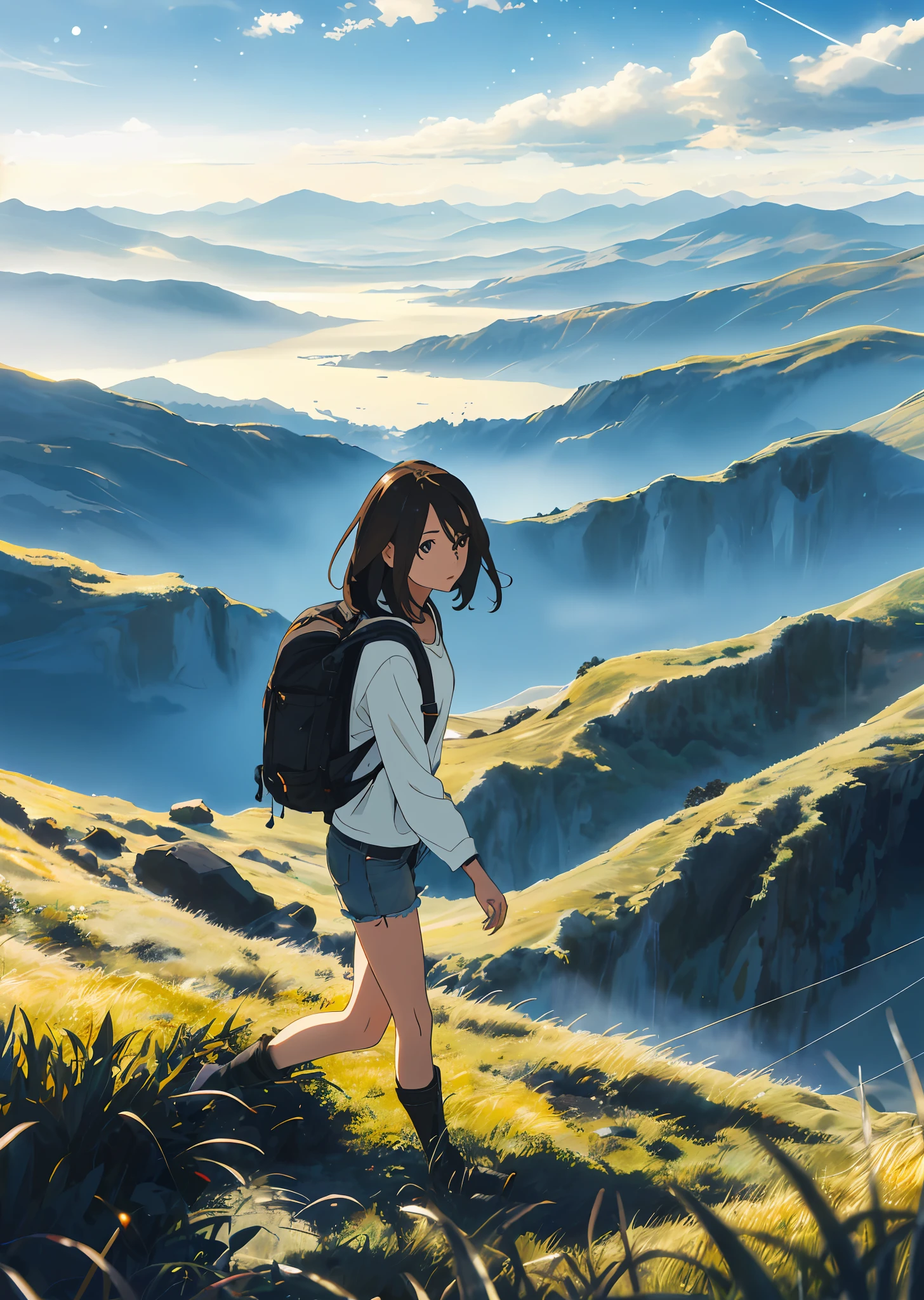 (beautiful and magnificent skyline, majestic sky), (extremely tense and dramatic pictures, moving visual effects), (high hanging Polaris, colorful natural light), (1girl), (long-sleeved top, denim shorts, carrying a backpack), (dynamic pose:1.3, black eyes, black hime-cut hair, sparkling girl)[:0.8], (large grassland), (oncoming breeze), (brown hair and background Coordination effect: 1.2), (close shot, long shot mix and match)[::0.9]