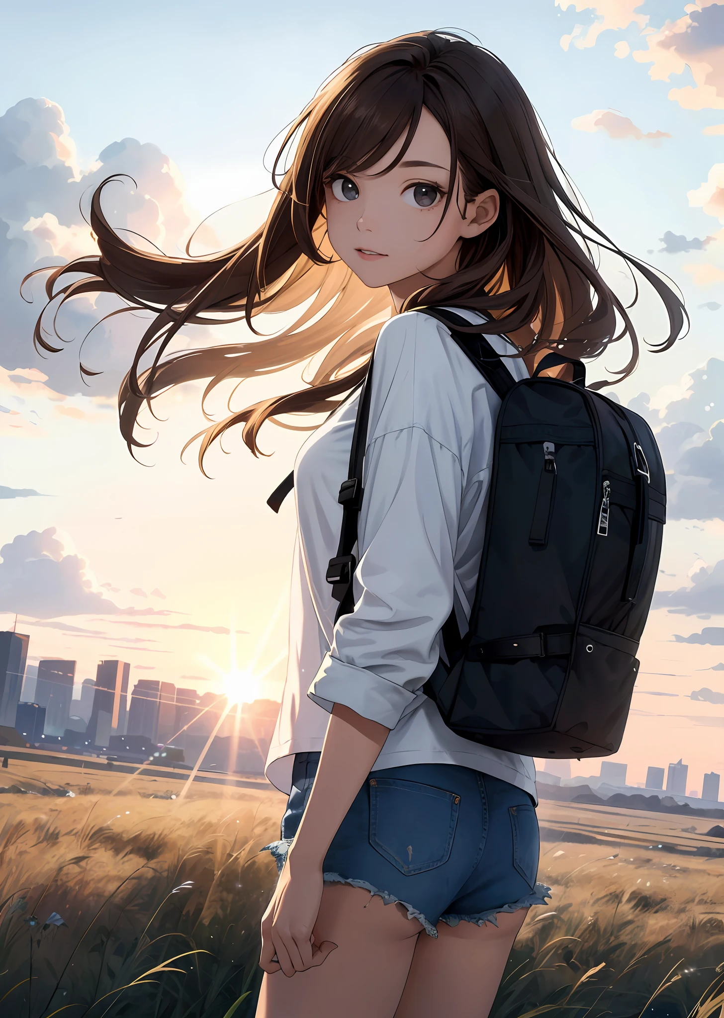 (beautiful and magnificent skyline, majestic sky), (extremely tense and dramatic pictures, moving visual effects), (high hanging Polaris, colorful natural light), (1girl), (long-sleeved top, denim shorts, carrying a backpack), (dynamic pose:1.3, black eyes, black hime-cut hair, sparkling girl)[:0.8], (large grassland), (oncoming breeze), (brown hair and background Coordination effect: 1.2), (close shot, long shot mix and match)[::0.9]