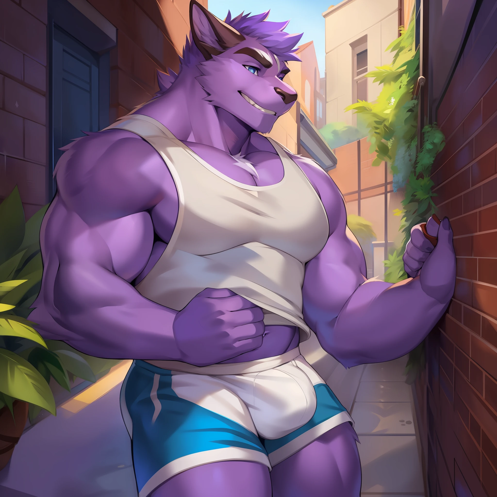 Solo, male, detailed bulge, white basketball shorts, tanktop, big, large, muscular, teeth, purple skin, purple body, blue eyes, detailed eyes, detailed hands, large pecs, big biceps, alleyway, plants, by mystikfox61, by chunie, by zachary911, by jaykat, by chung0 0, by disiwjd, by mumu202, by glopossum