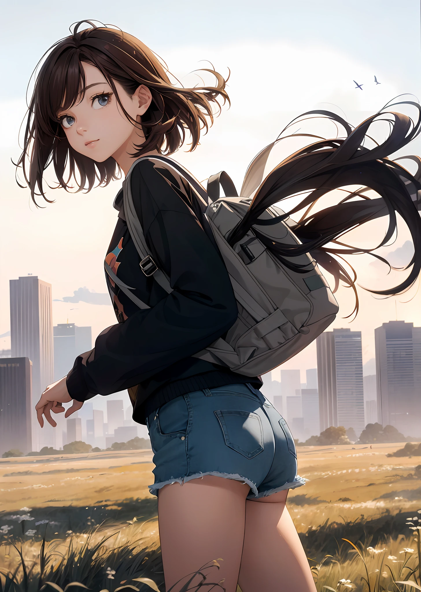 (beautiful and magnificent skyline, majestic sky), (extremely tense and dramatic pictures, moving visual effects), (high hanging Polaris, colorful natural light), (1girl), (long-sleeved top, denim shorts, carrying a backpack), (dynamic pose:1.3, black eyes, black hime-cut hair, sparkling girl)[:0.8], (large grassland), (oncoming breeze), (brown hair and background Coordination effect: 1.2), (close shot, long shot mix and match)[::0.9]