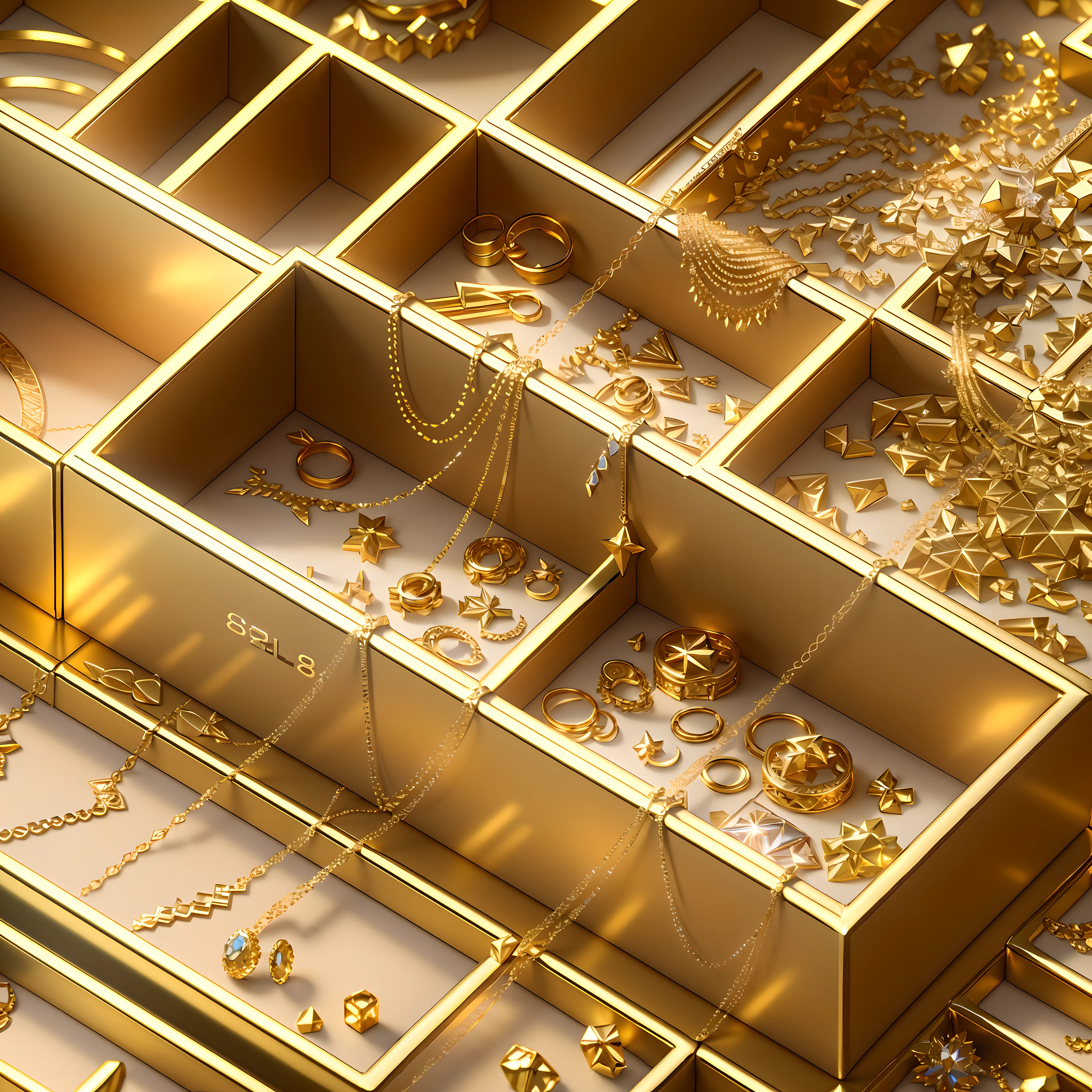 gold jewelry. (very detailed CG 8K wallpaper unit), better quality, (best illustrations), (best shadows), studio theme, as well as (natural elements), minimalist boxes, (brightness), (particle effects). 3D isometric, Octane rendering, ray tracing, ultra-detailed