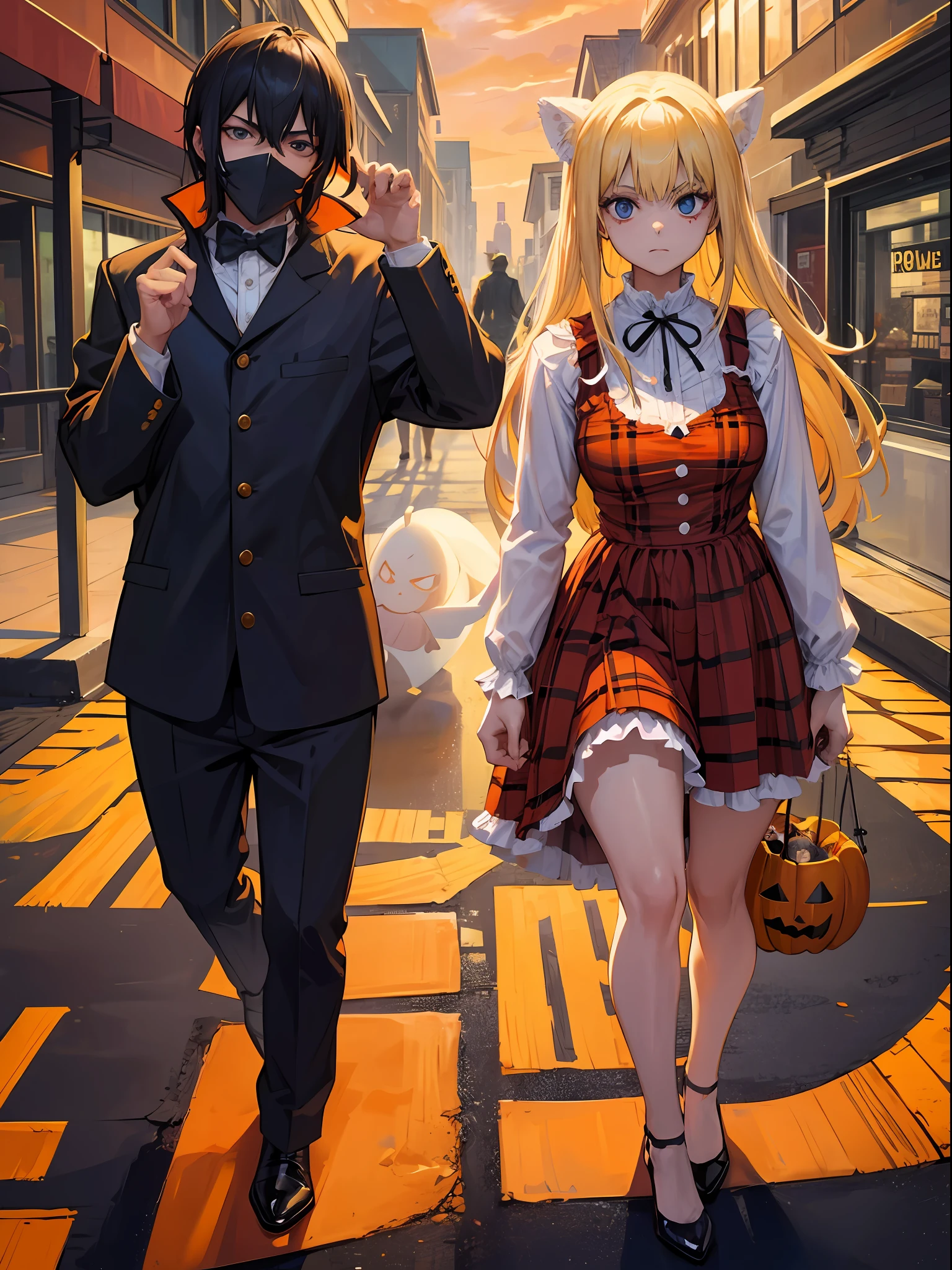 black hair man and a blond woman scaring children in Halloween, scary costumes, ghost costumes, scaring children, suburbs