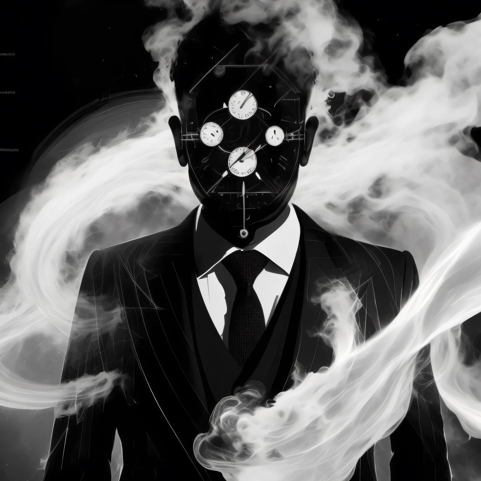 a photo portrait of a man with a smoking face, and clocks on his suit, a black and white photo by Hishida Shunso , [:anime line art:0.2], Light and Earth themed, epic splash art , berlin secession, , abstract