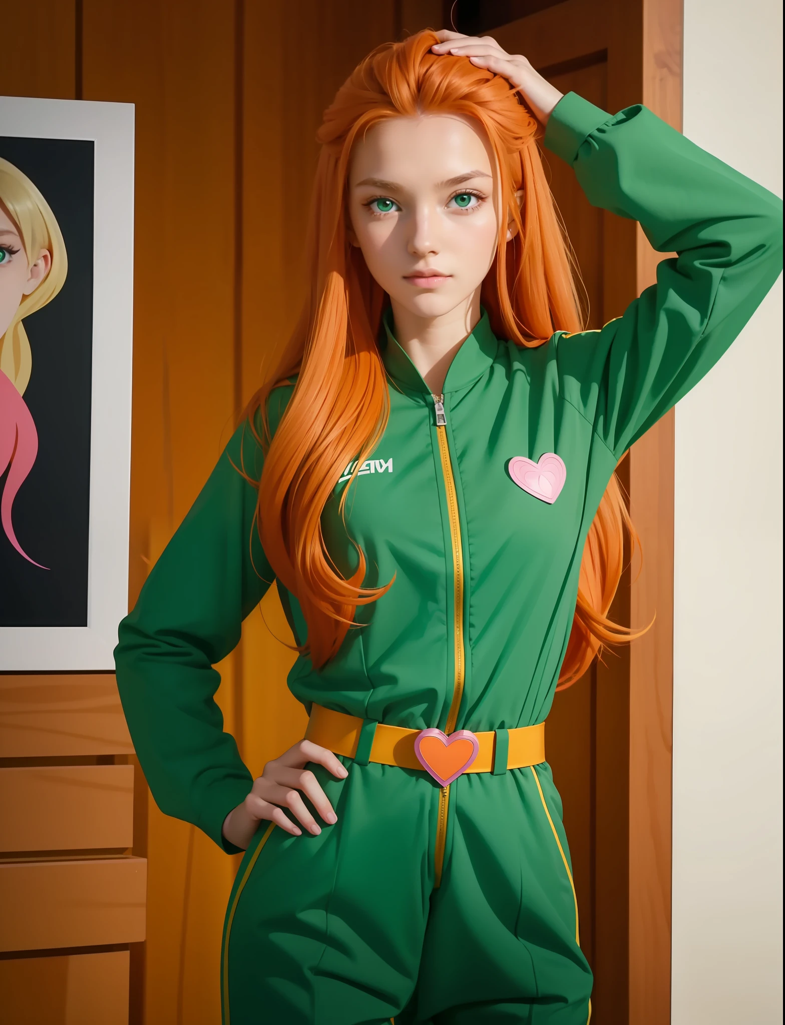 xyzsam, 1girl, solo, long hair, long hair, looking at viewer, masterpiece, beautiful, portrait, orange hair, green eyes, happy, perfect skin, young, skinny, heart
jump suit, green clothes, belt, 
butterfly, bubblegum