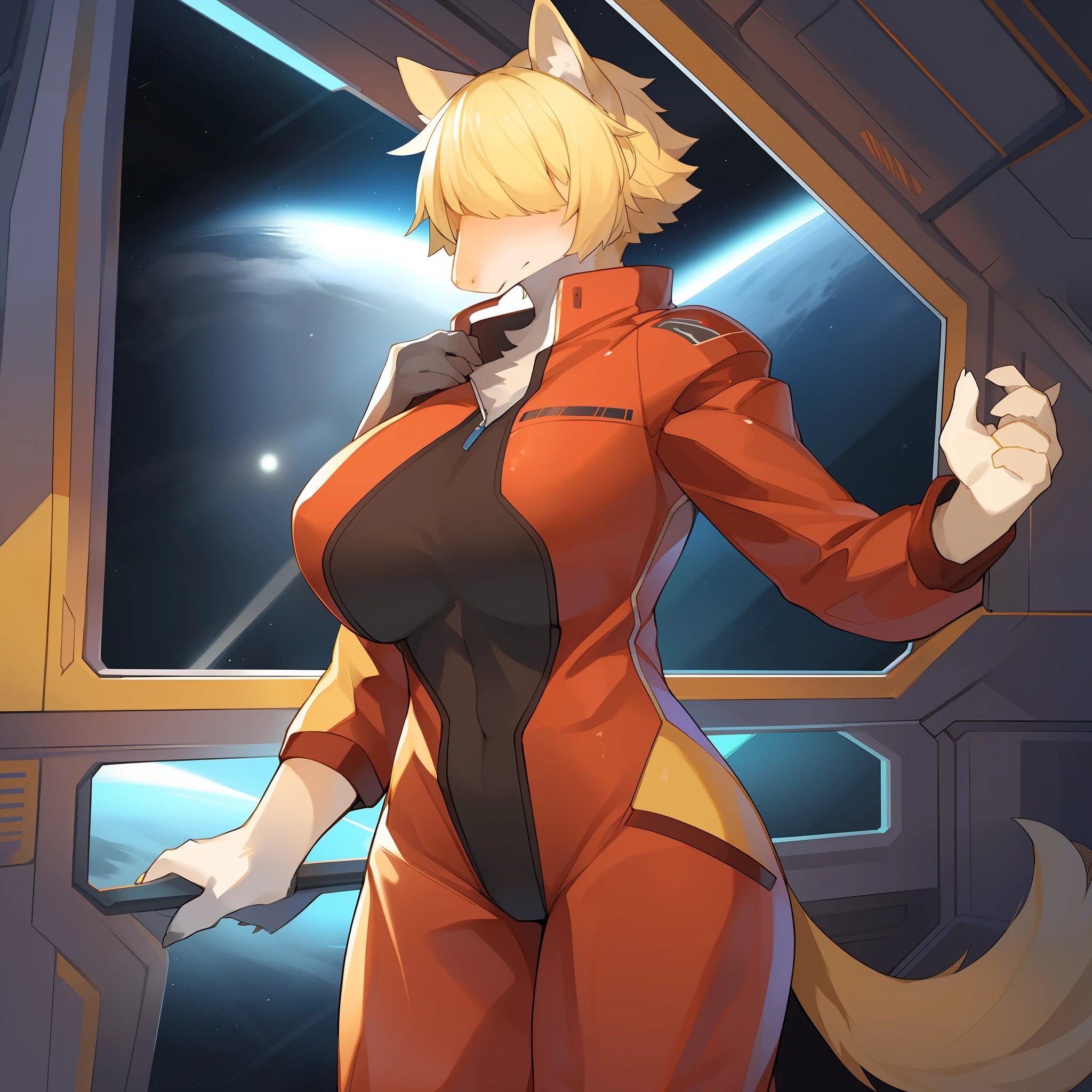 Solo, female, by kame3, by kishibe, by lvlirror, by bebebebebe, (((snout, long snout, pointy snout, pointed snout))), yellow fur, golden fur, (((hair covering eyes, short hair, blonde hair))), muscular, athletic, big, large, spaceship, space, window, red jumpsuit, red spacesuit, big breasts, detailed hands