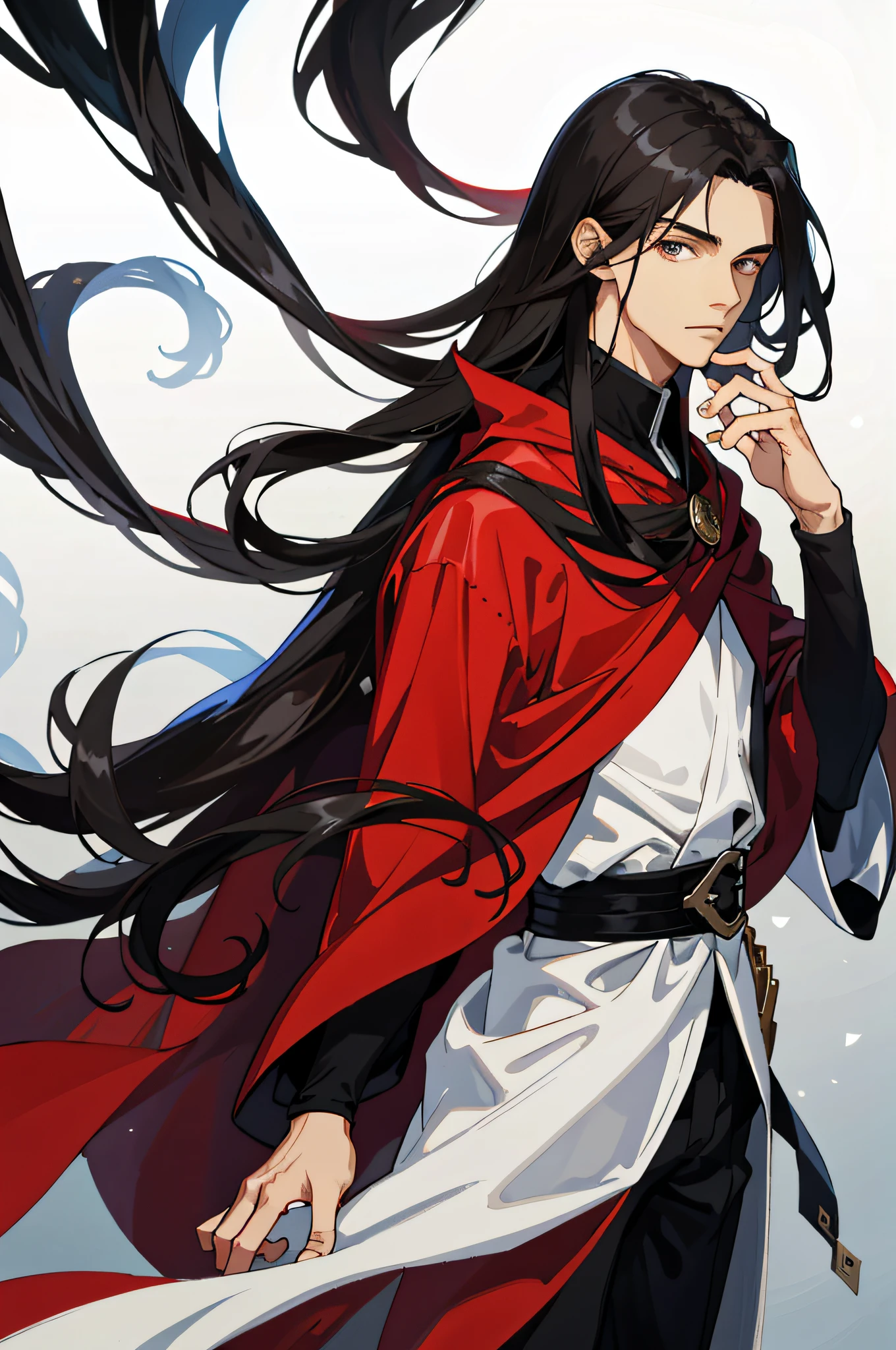 Masterpiece, best quality, 1 male, teenager, delicate eyes, long black hair, straight hair, delicate face, calm expression, gray, red, mage robes, magic