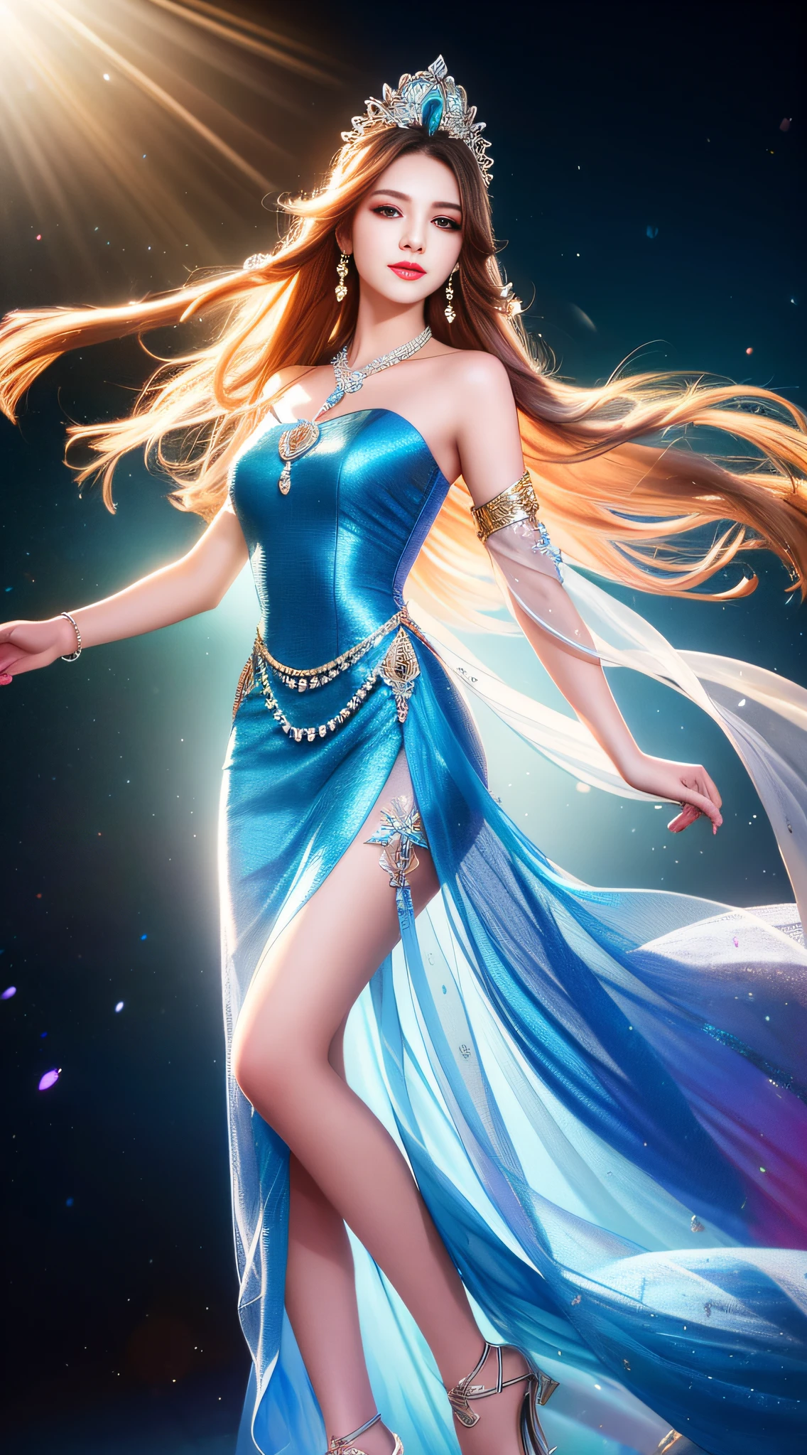 good quality, masterpiece, high resolution, 1girl, transparent dress, beautiful face, hair accessories, look at the audience, smile, close mouth, lips, dress, hair accessories, necklaces, jewelry, long hair, earrings, beautiful face, on the body, tyndall effect, realism, wide seaside, edge lighting, two-tone lighting, (high detail skin: 1.2), 8k uhd, DSLR, soft light, high quality, volumetric lighting, candid shot, photo, high resolution, 4k, 8k, background bokeh, In motion, full body, dynamic scene, dynamic face, backlight, clothes explosion,