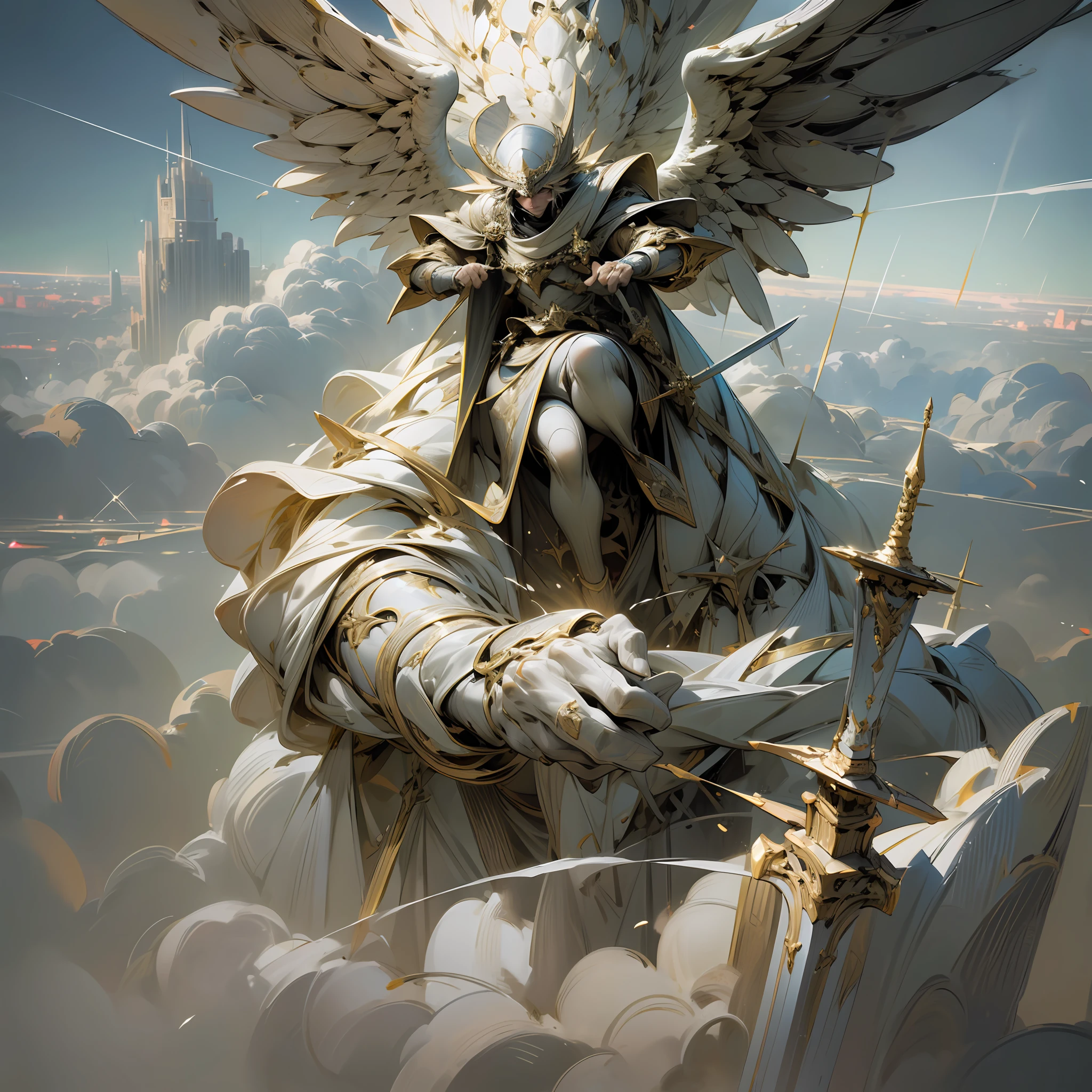 (work of art), (best quality: 1.3), An epic painting of a man on a hill looking at a powerful giant angel with a sword about to destroy a city, make the painting highly detailed, utilize volumetric and cinematic lighting, use a highly large scale and a super 8k resolution