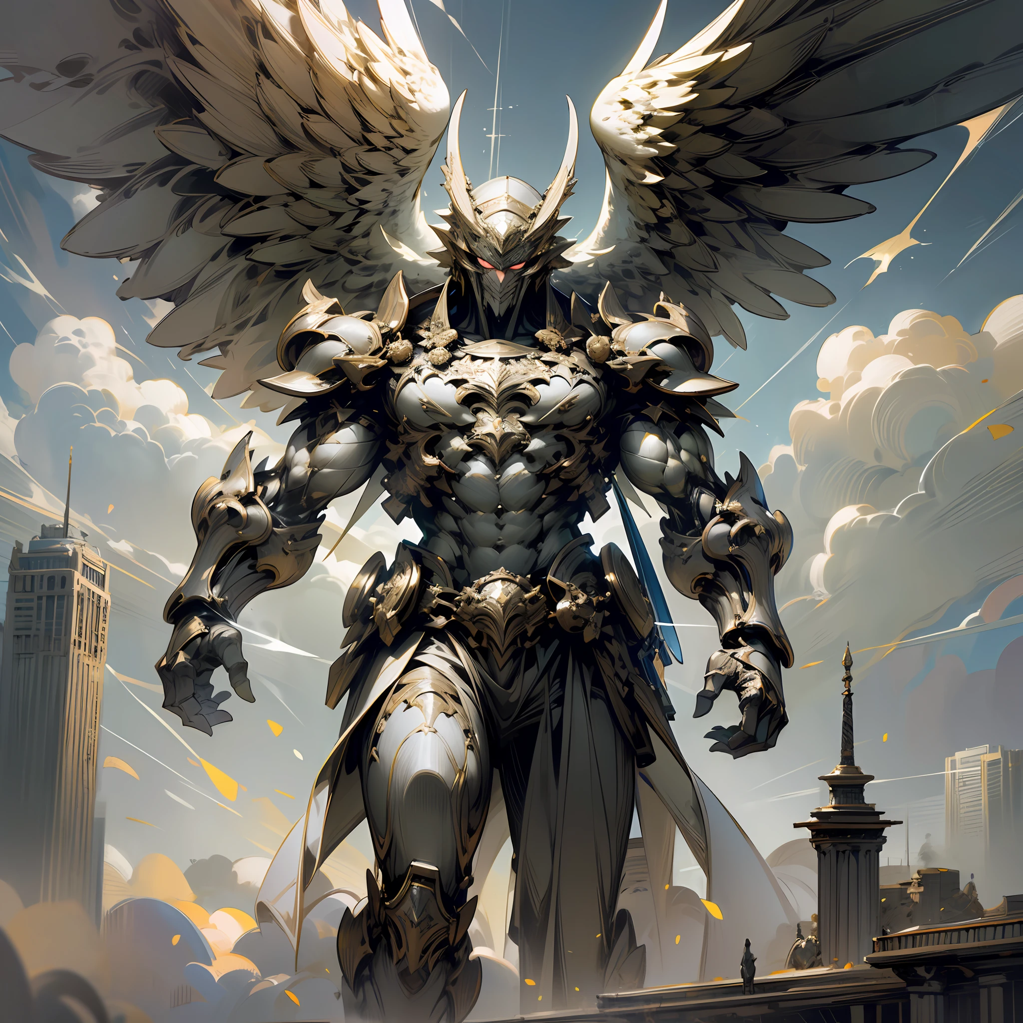 (work of art), (best quality: 1.3), An epic painting of a man on a hill looking at a powerful giant angel with a sword about to destroy a city, make the painting highly detailed, utilize volumetric and cinematic lighting, use a highly large scale and a super 8k resolution