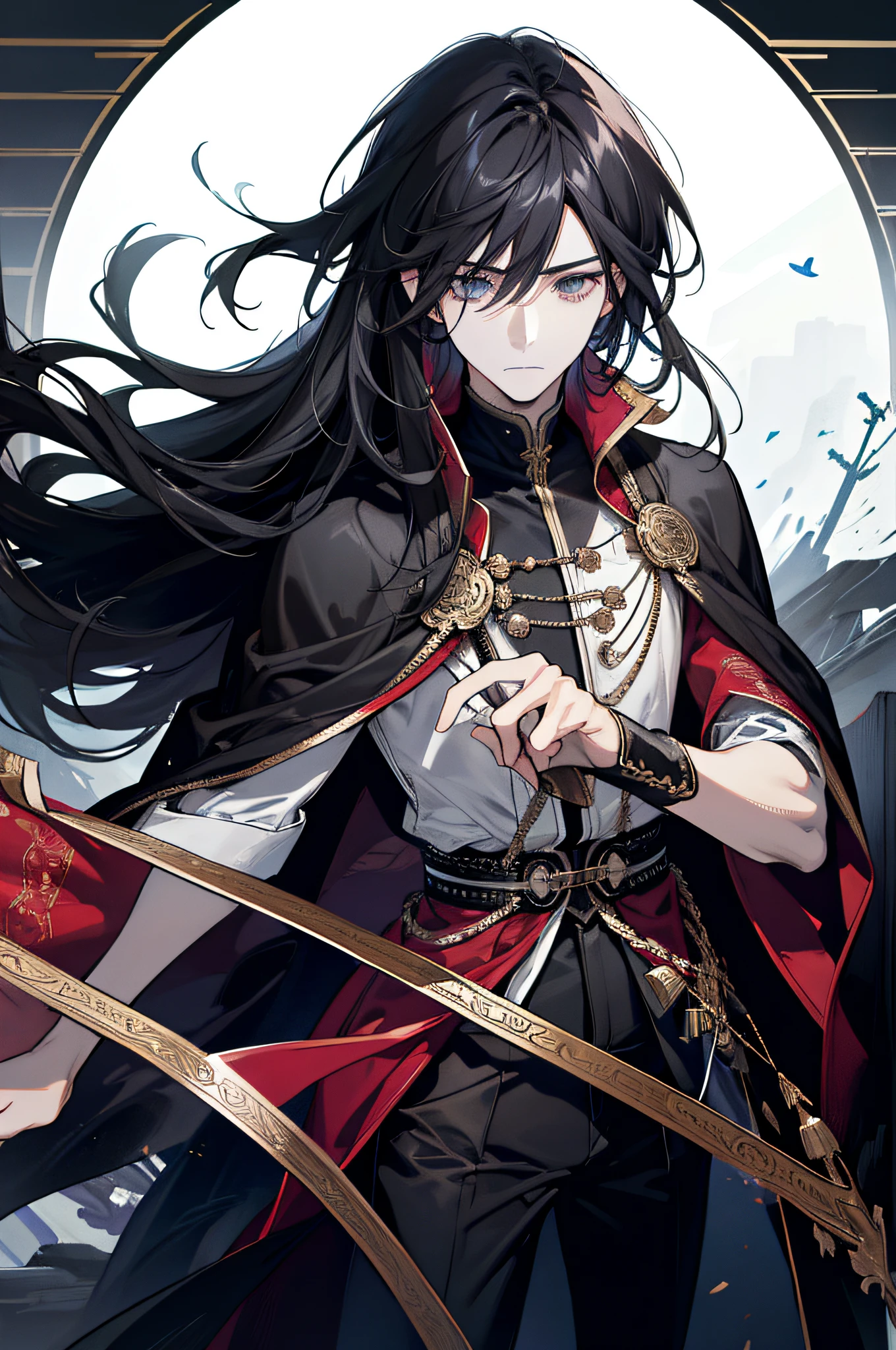 (High resolution, super detailed), 1 male, juvenile, handsome, fine eyes, complex patterns, detailed face, long black hair, straight hair, calm expression, gray, red, mage robes, magic